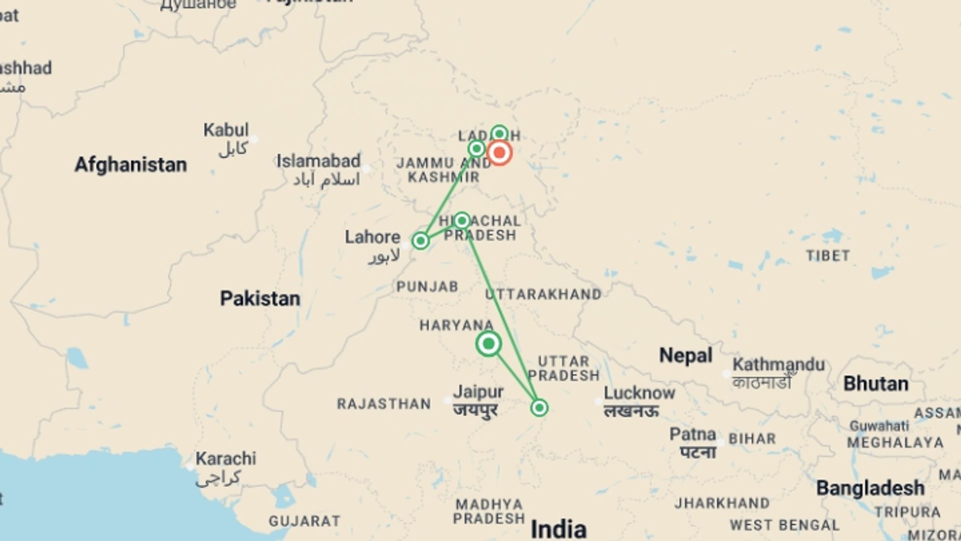 A map showing the tour itinerary for the trip: Northern India: Dharamshala, Kashmir & Ladakh Highlights, starting in New Delhi, India and ending in Delhi & Golden Triangle, India going through 4 other destinations.