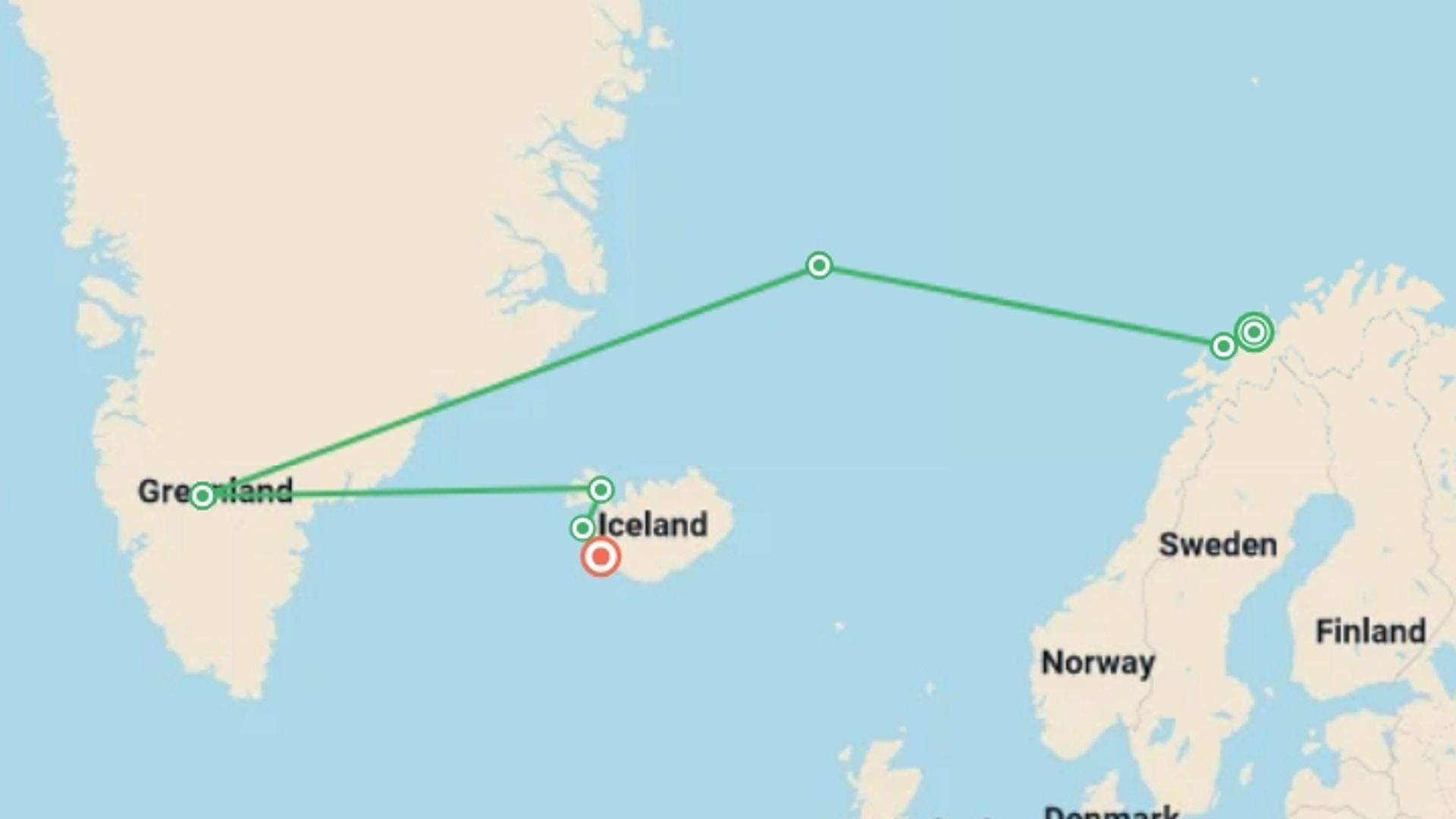 A map showing the tour itinerary for the trip: Northern Lights Explorer - M/V Sylvia Earle, starting in Tromso, Norway and ending in Reykjavik, Iceland going through 5 other destinations.