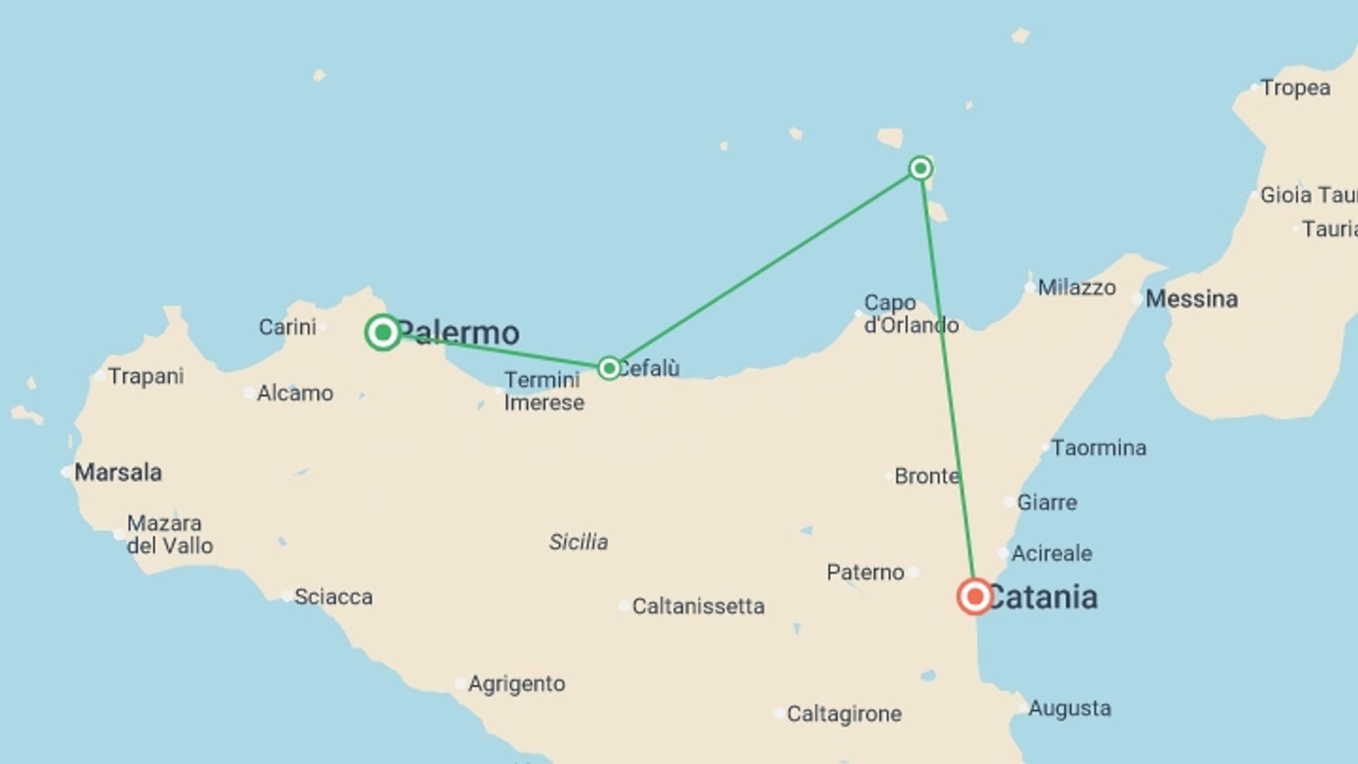 A map showing the tour itinerary for the trip: Northern Sicily: Islands & Volcanoes, starting in Palermo, Italy and ending in Catania, Italy going through 3 other destinations.