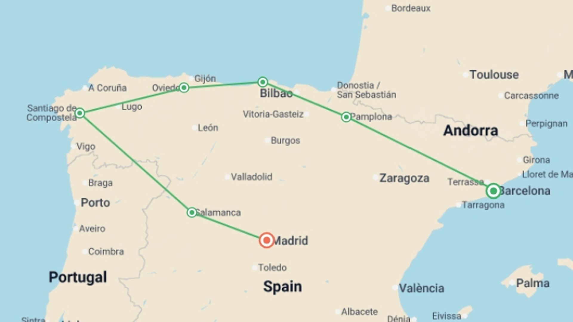 A map showing the tour itinerary for the trip: Northern Spain, starting in Barcelona, Spain and ending in Madrid, Spain going through 8 other destinations.