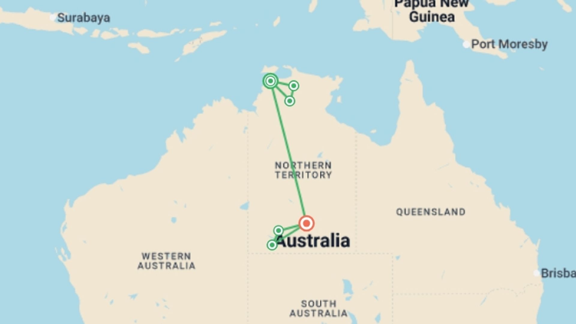 A map showing the tour itinerary for the trip: Northern Territory Dreaming, starting in Darwin, Australia and ending in Alice Springs, Australia going through 4 other destinations.