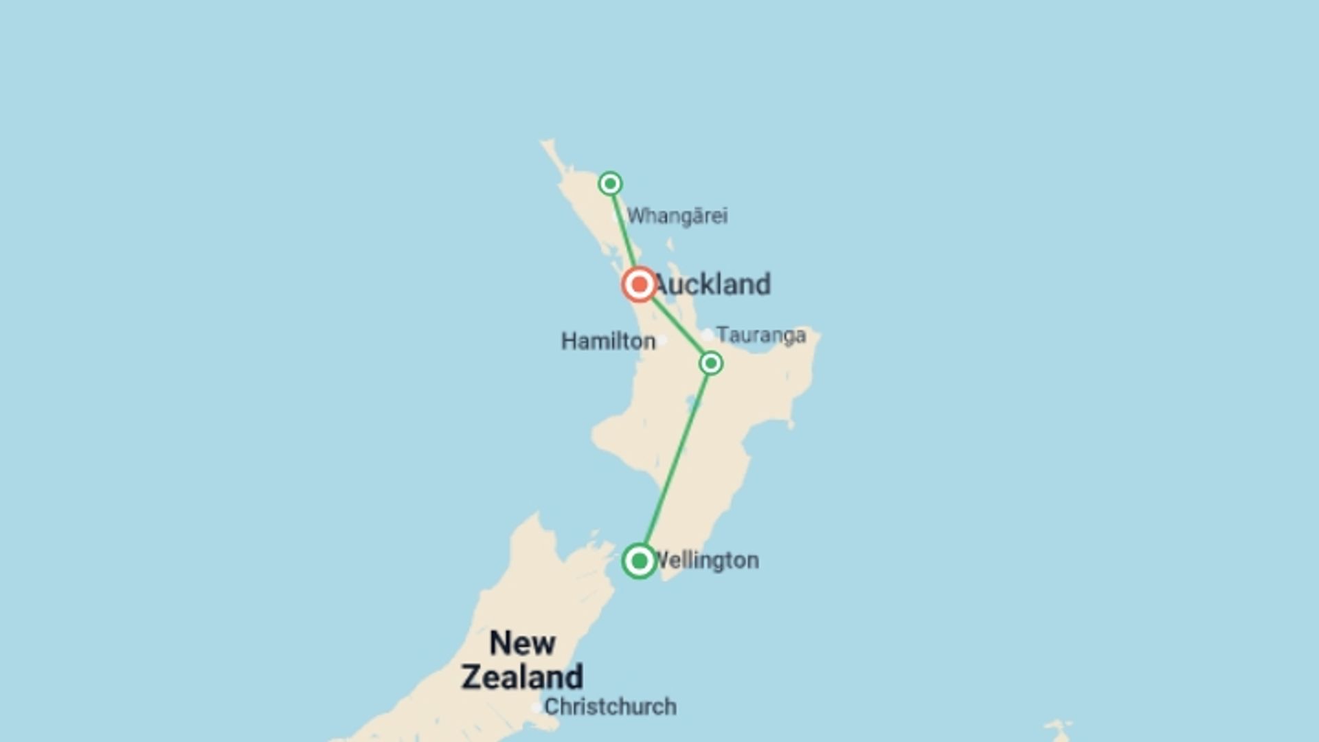 A map showing the tour itinerary for the trip: Northern Wonders, starting in Wellington, New Zealand and ending in Auckland, New Zealand going through 3 other destinations.