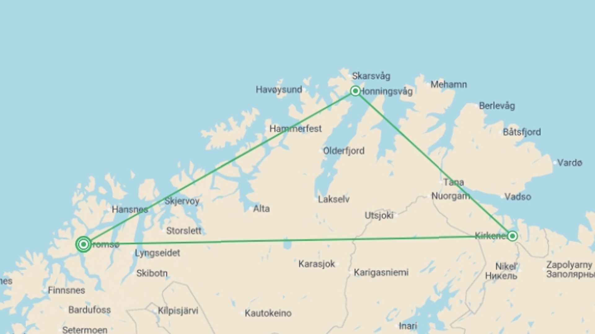 A map showing the tour itinerary for the trip: Norway Fjords and Northern Lights, starting in Tromso, Norway and ending in Tromso, Norway going through 3 other destinations.