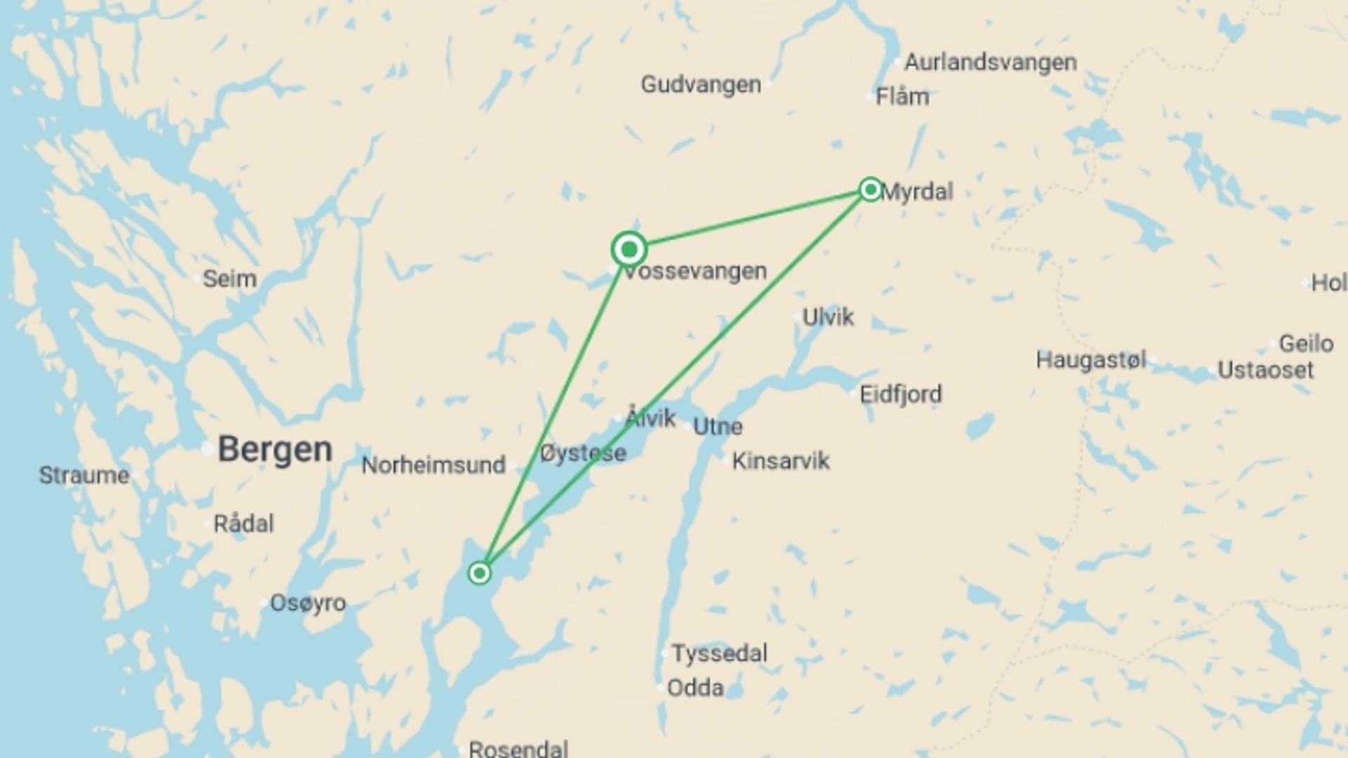 A map showing the tour itinerary for the trip: Norwegian Fjords Adventure, starting in Vossevangen, Norway and ending in Vossevangen, Norway going through 1 other destinations.