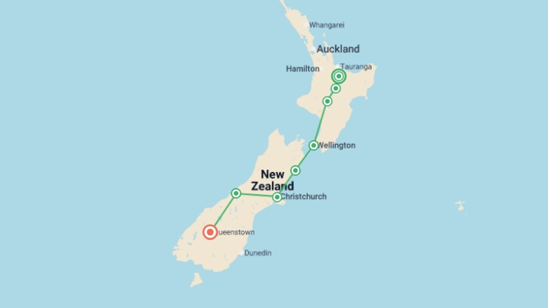 A map showing the tour itinerary for the trip: NZ: North & South Island, starting in Auckland, New Zealand and ending in Auckland, New Zealand going through 8 other destinations.