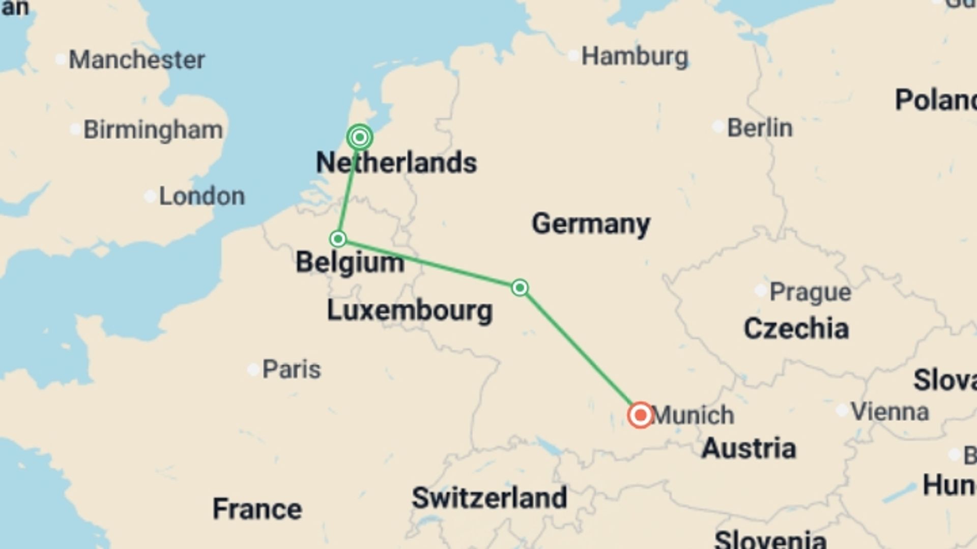 A map showing the tour itinerary for the trip: Oktoberfest, starting in Munich, Germany and ending in Munich, Germany going through 5 other destinations.