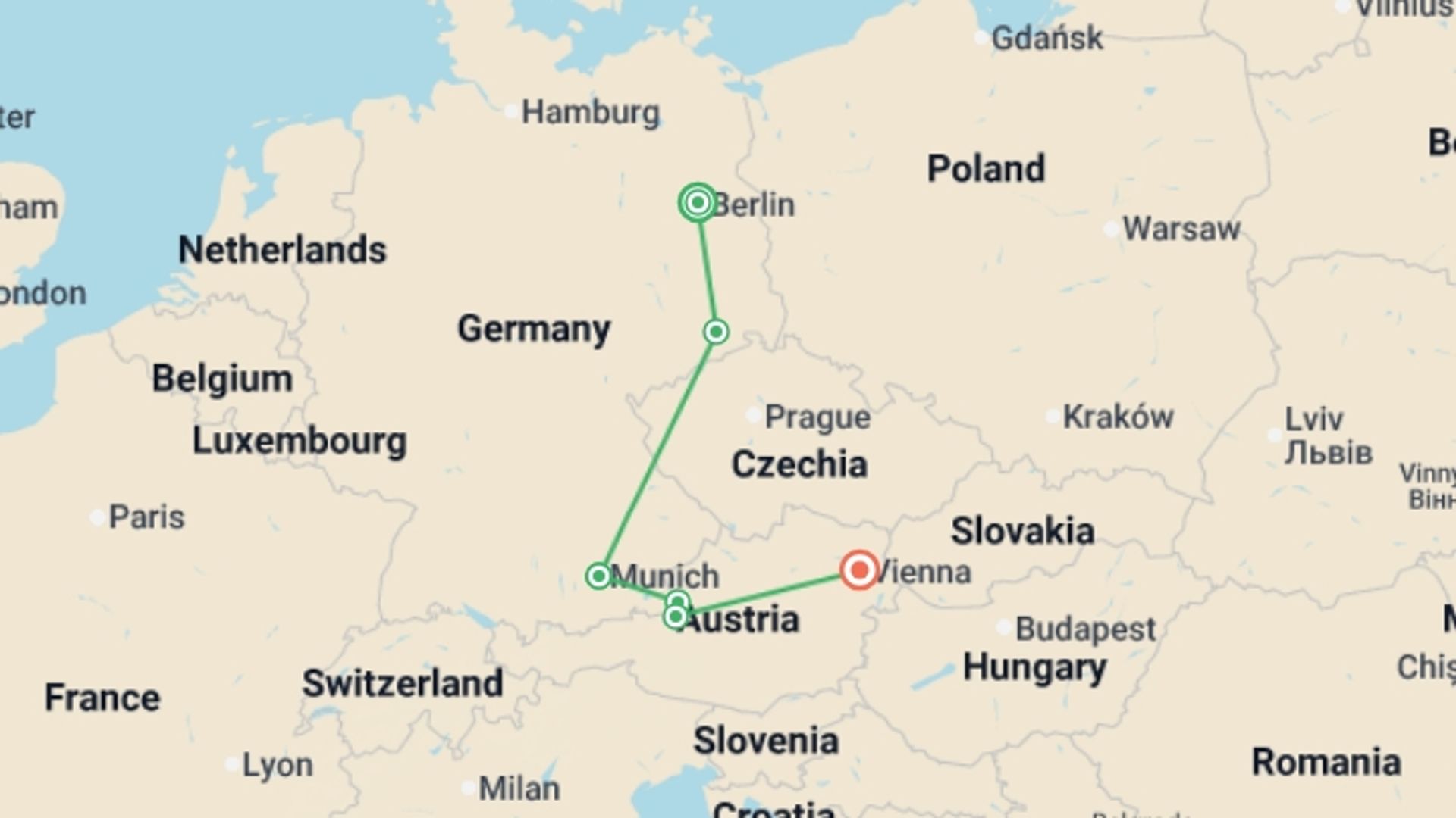 A map showing the tour itinerary for the trip: Oktoberfest, the Germanic Experience, starting in Berlin, Germany and ending in Vienna, Austria going through 6 other destinations.