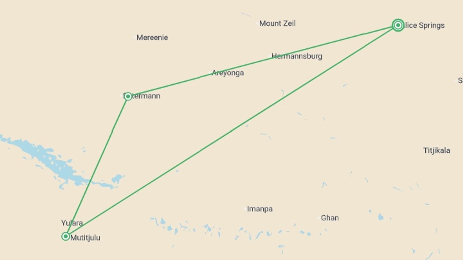 A map showing the tour itinerary for the trip: Outback Contrasts - Small Group, starting in Alice Springs, Australia and ending in Alice Springs, Australia going through 1 other destinations.