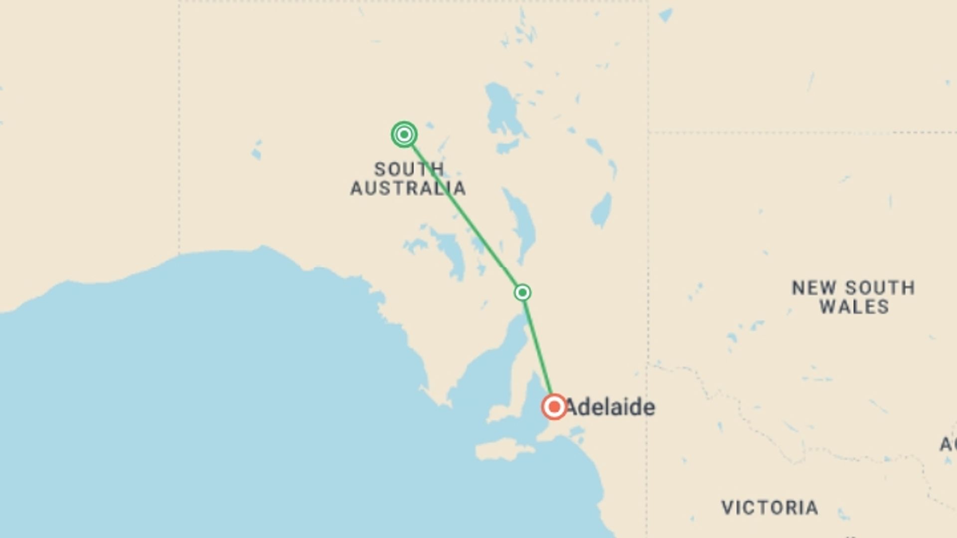 A map showing the tour itinerary for the trip: Outback Explorer: Uluru to Adelaide, starting in Uluru Kata-Tjuta National Park, Australia and ending in Adelaide, Australia going through 2 other destinations.