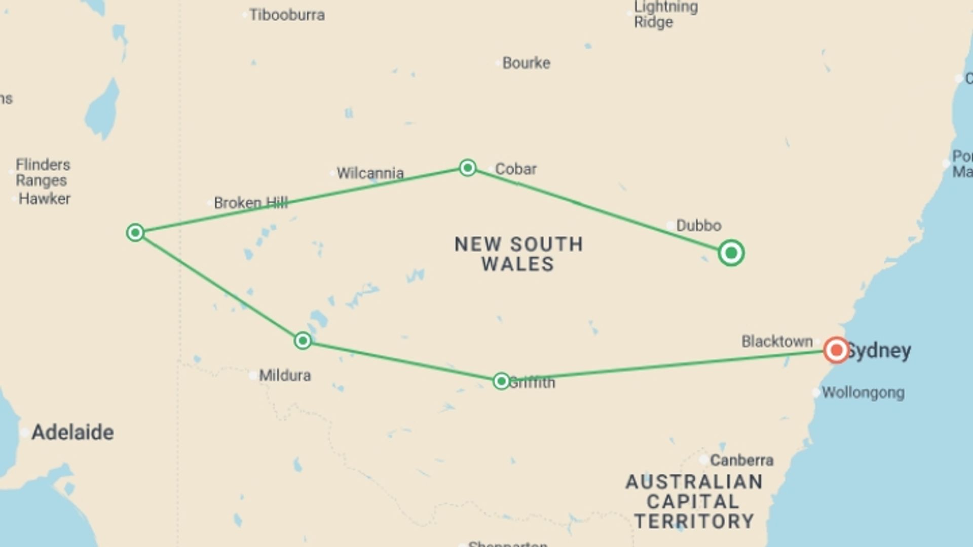 A map showing the tour itinerary for the trip: Outback New South Wales Adventurer, starting in Sydney and NSW, Australia and ending in Sydney and NSW, Australia going through 1 other destinations.