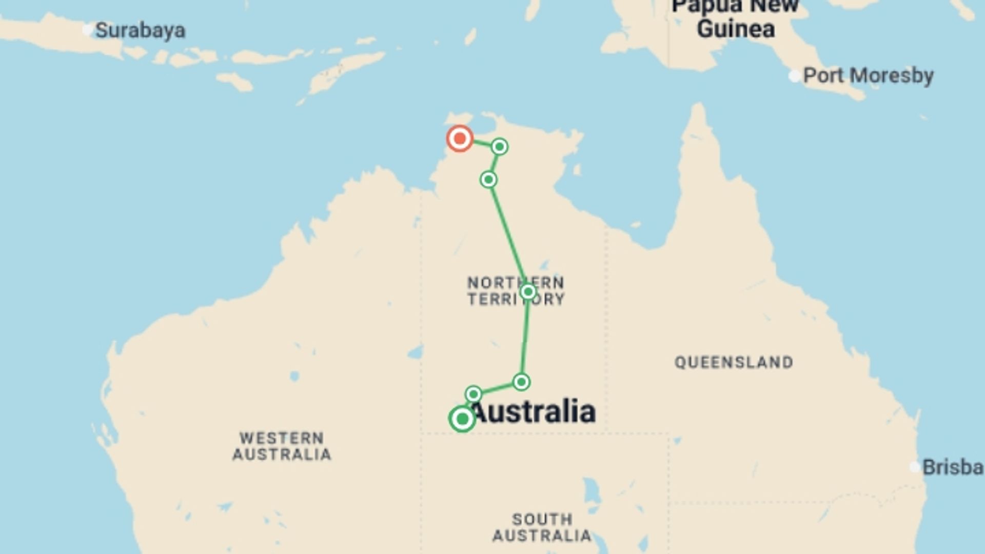 A map showing the tour itinerary for the trip: Outback Safari, starting in Uluru Kata-Tjuta National Park, Australia and ending in Darwin, Australia going through 6 other destinations.