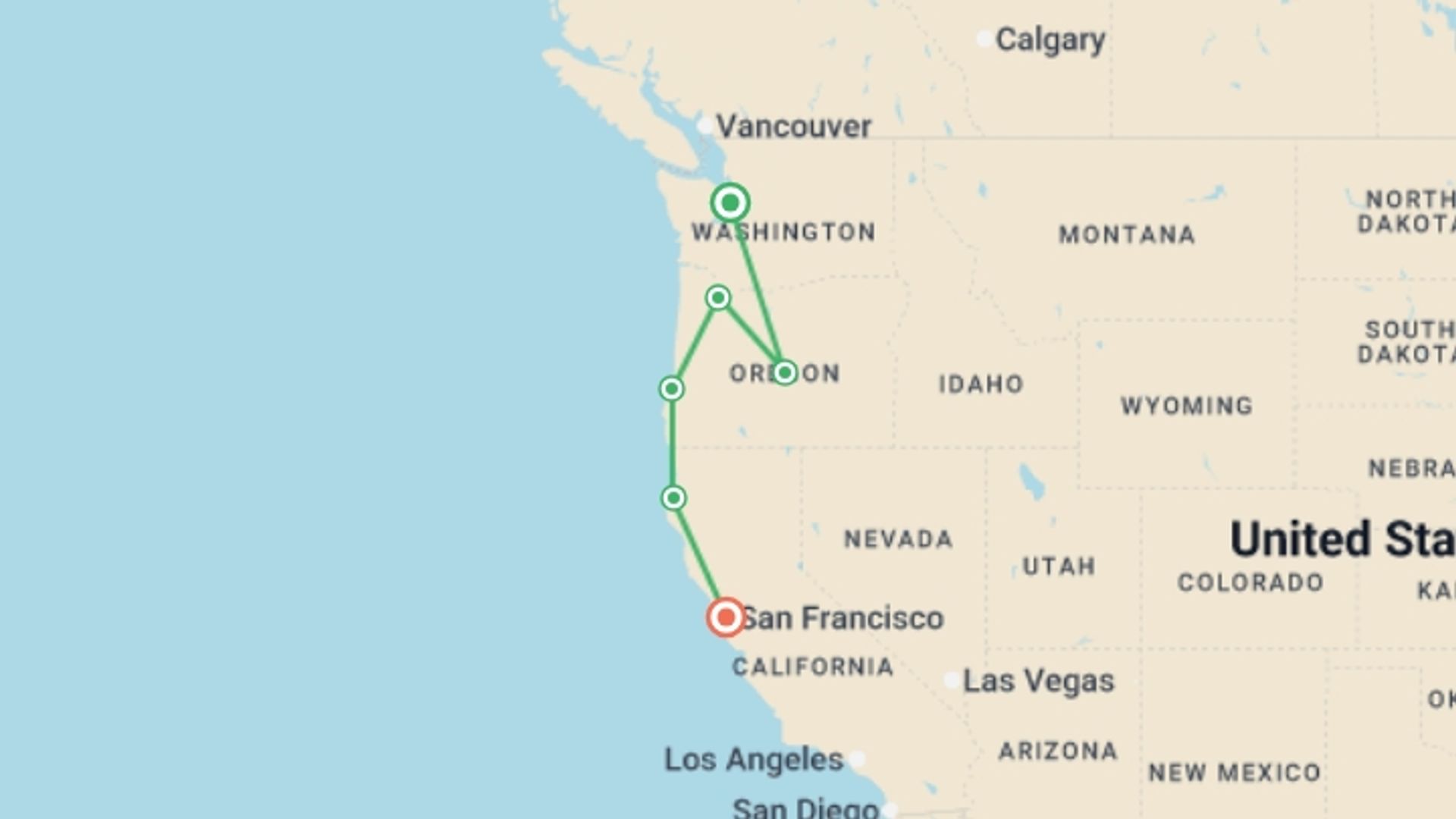 A map showing the tour itinerary for the trip: Pacific Northwest & California featuring Washington, Oregon and California, starting in Seattle, USA and ending in San Francisco, USA going through 3 other destinations.