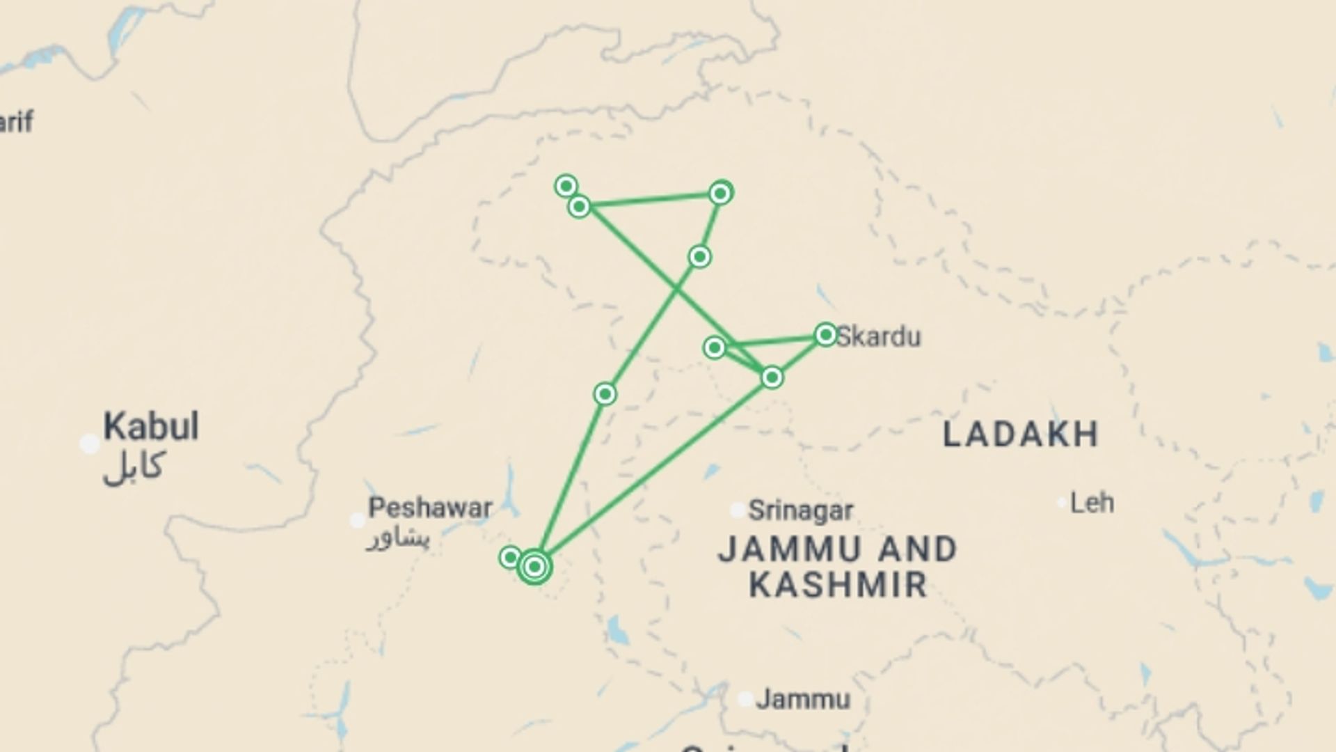 A map showing the tour itinerary for the trip: Pakistan's Karakoram Highway, starting in Islamabad, Pakistan and ending in Islamabad, Pakistan going through 1 other destinations.