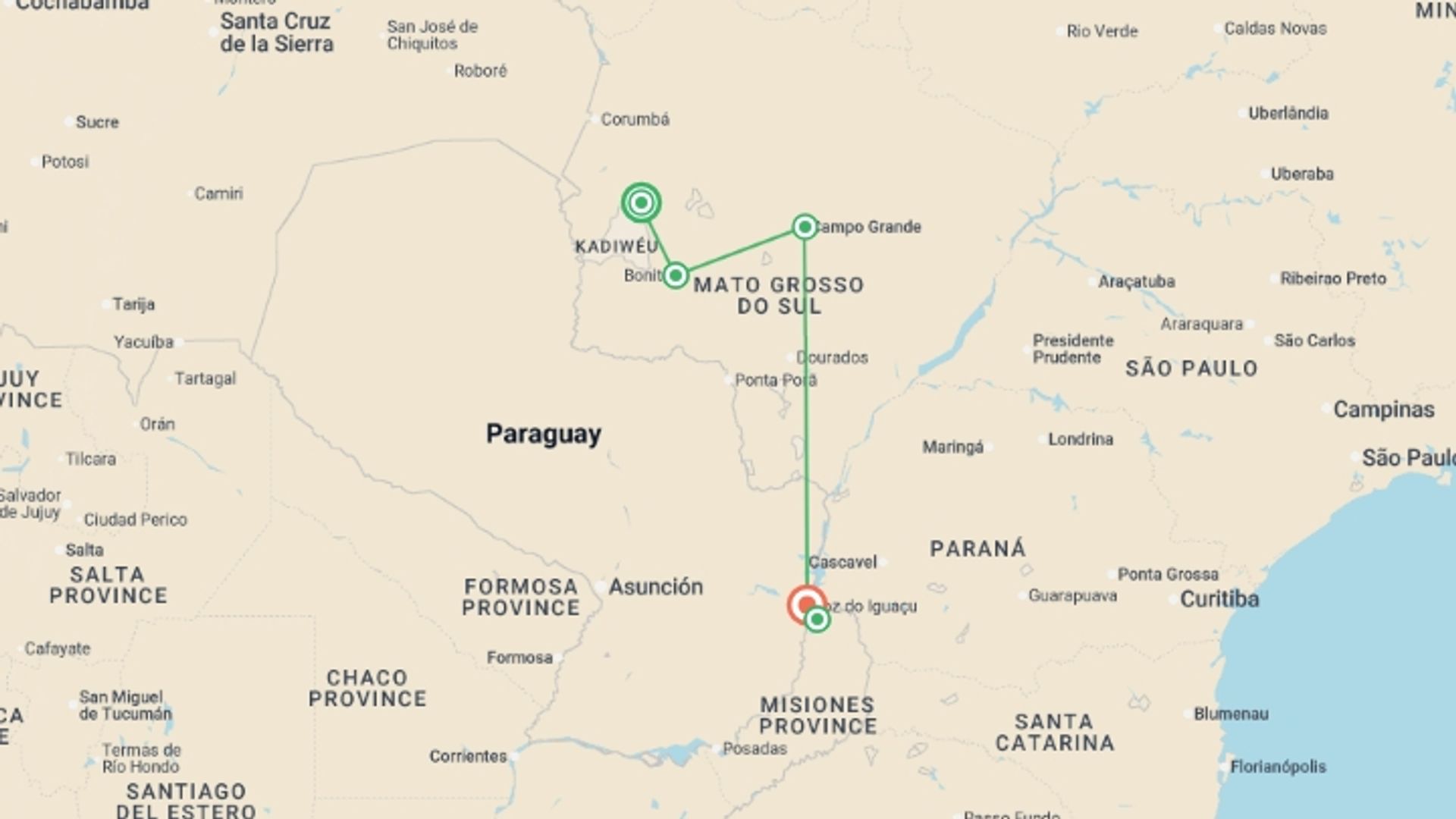A map showing the tour itinerary for the trip: Pantanal, Bonito & Iguazu Adventure 9D/8N (from Campo Grande), starting in Campo Grande, Brazil and ending in Foz Do Iguacu, Brazil going through 4 other destinations.
