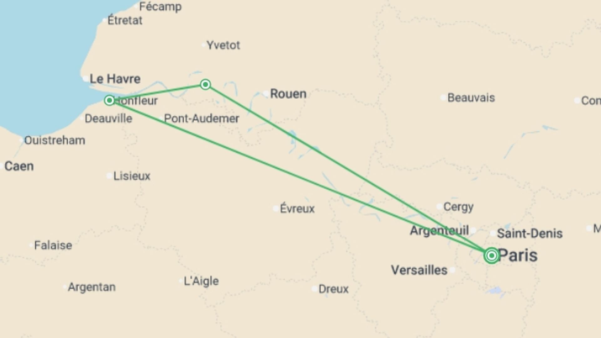 A map showing the tour itinerary for the trip: Parisian New Year on the Seine (port-to-port cruise), starting in Paris, France and ending in Paris, France going through 2 other destinations.