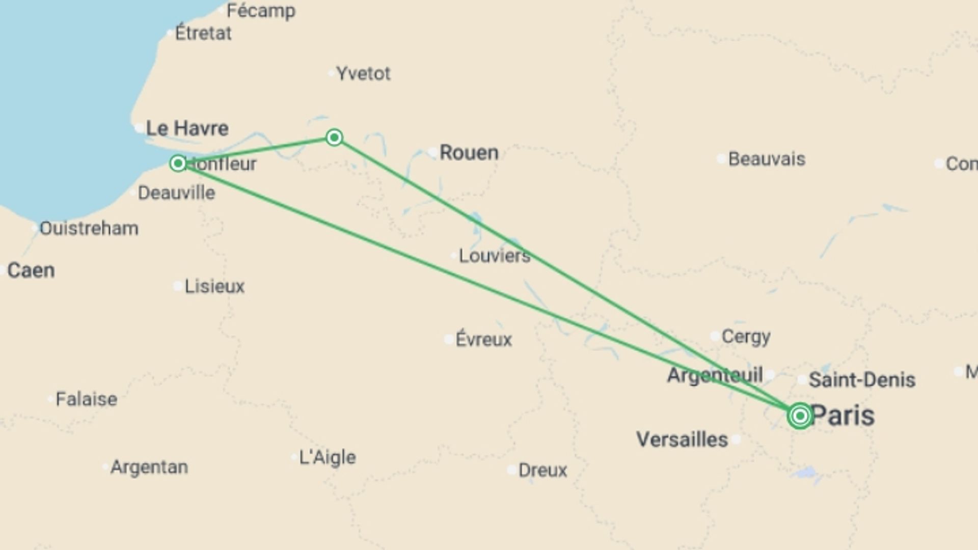 A map showing the tour itinerary for the trip: Parisian New Year on the Seine (port-to-port cruise), starting in Paris, France and ending in Paris, France going through 2 other destinations.