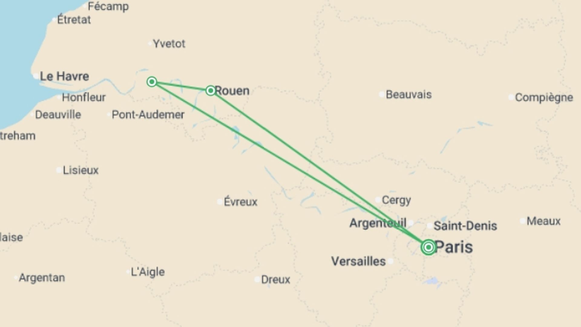 A map showing the tour itinerary for the trip: Parisian New Year on the Seine (port-to-port cruise), starting in Paris, France and ending in Paris, France going through 1 other destinations.