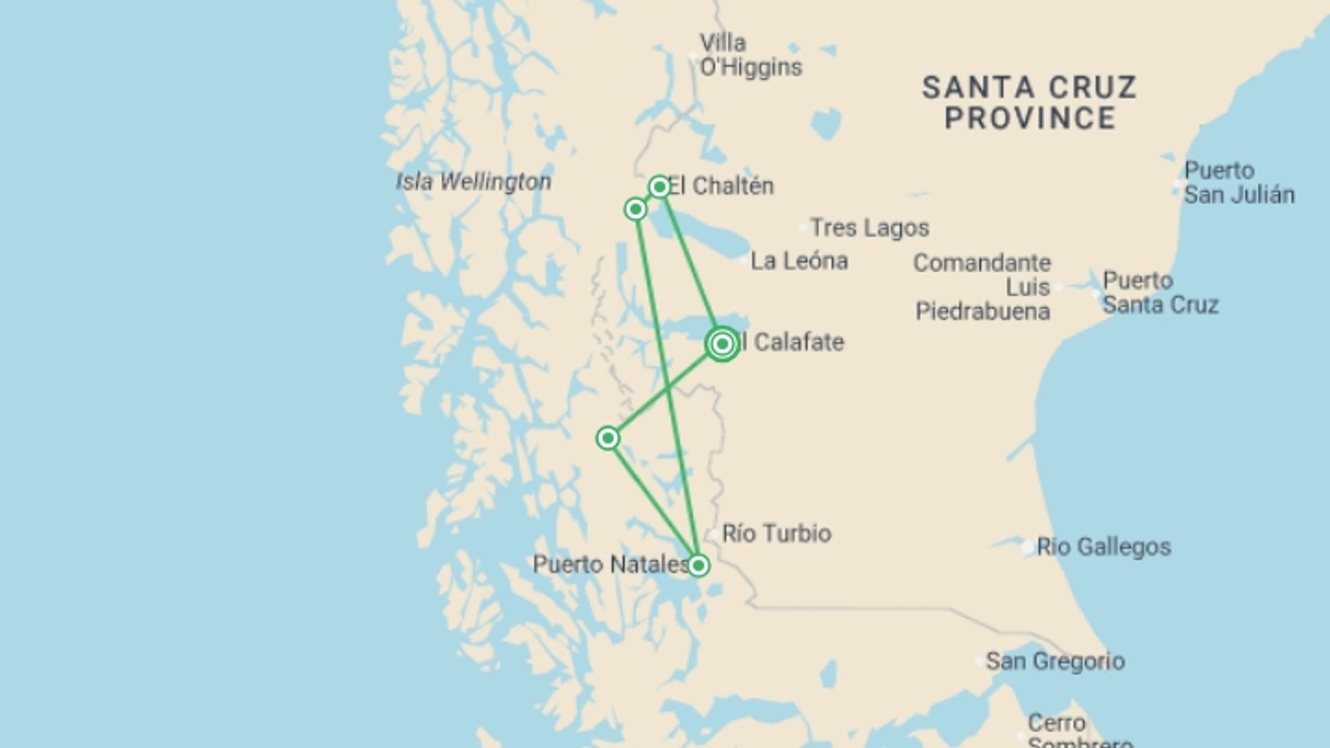 A map showing the tour itinerary for the trip: Patagonia Adventure, starting in El Calafate, Argentina and ending in El Calafate, Argentina going through 6 other destinations.