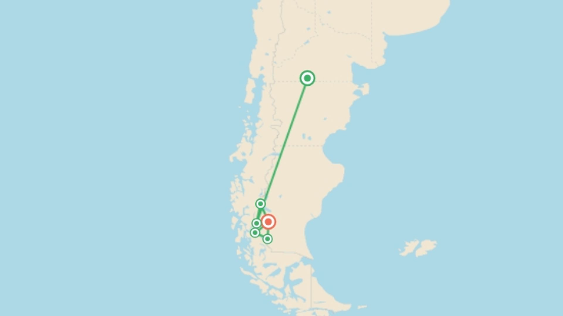 A map showing the tour itinerary for the trip: Patagonia Adventure: El Calafate, El Chaltén & Torres del Paine, starting in El Calafate, Argentina and ending in El Calafate, Argentina going through 4 other destinations.