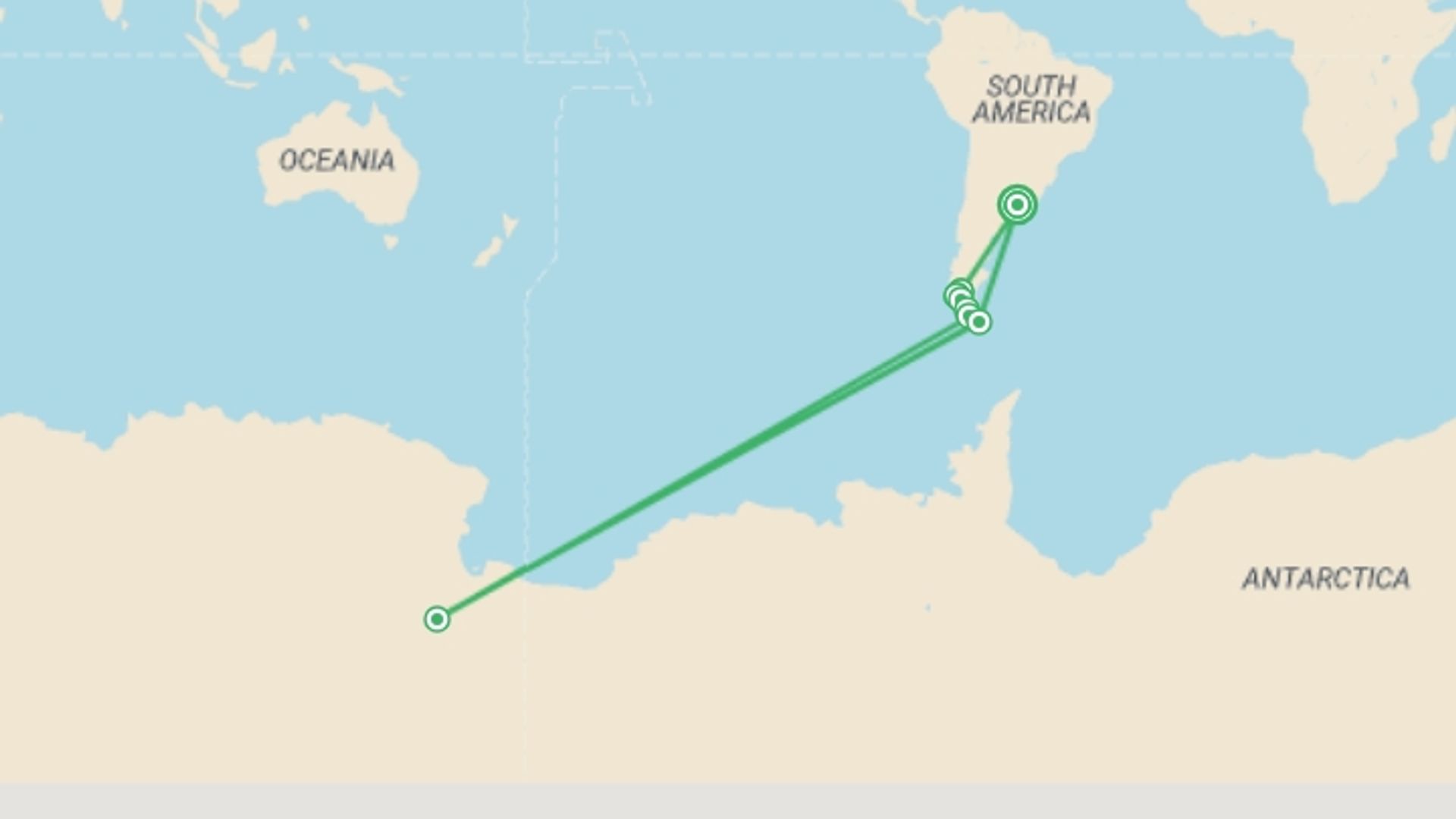 A map showing the tour itinerary for the trip: Patagonia: Edge of the World featuring Argentina, Chile, and a 4-Night Patagonia Cruise, starting in Buenos Aires, Argentina and ending in Buenos Aires, Argentina going through 5 other destinations.
