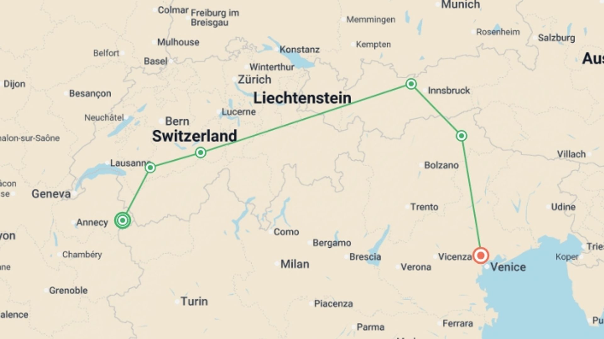 A map showing the tour itinerary for the trip: Peaks of Europe: The Alps to The Dolomites featuring France, Switzerland, Liechtenstein, Austria, and Italy, starting in Chamonix, France and ending in Italy going through 5 other destinations.
