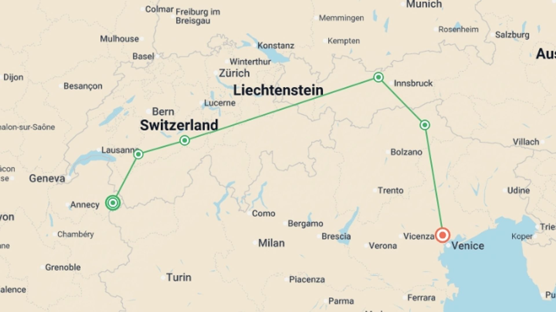 A map showing the tour itinerary for the trip: Peaks of Europe: The Alps to The Dolomites featuring France, Switzerland, Liechtenstein, Austria, and Italy, starting in Chamonix, France and ending in Italy going through 5 other destinations.