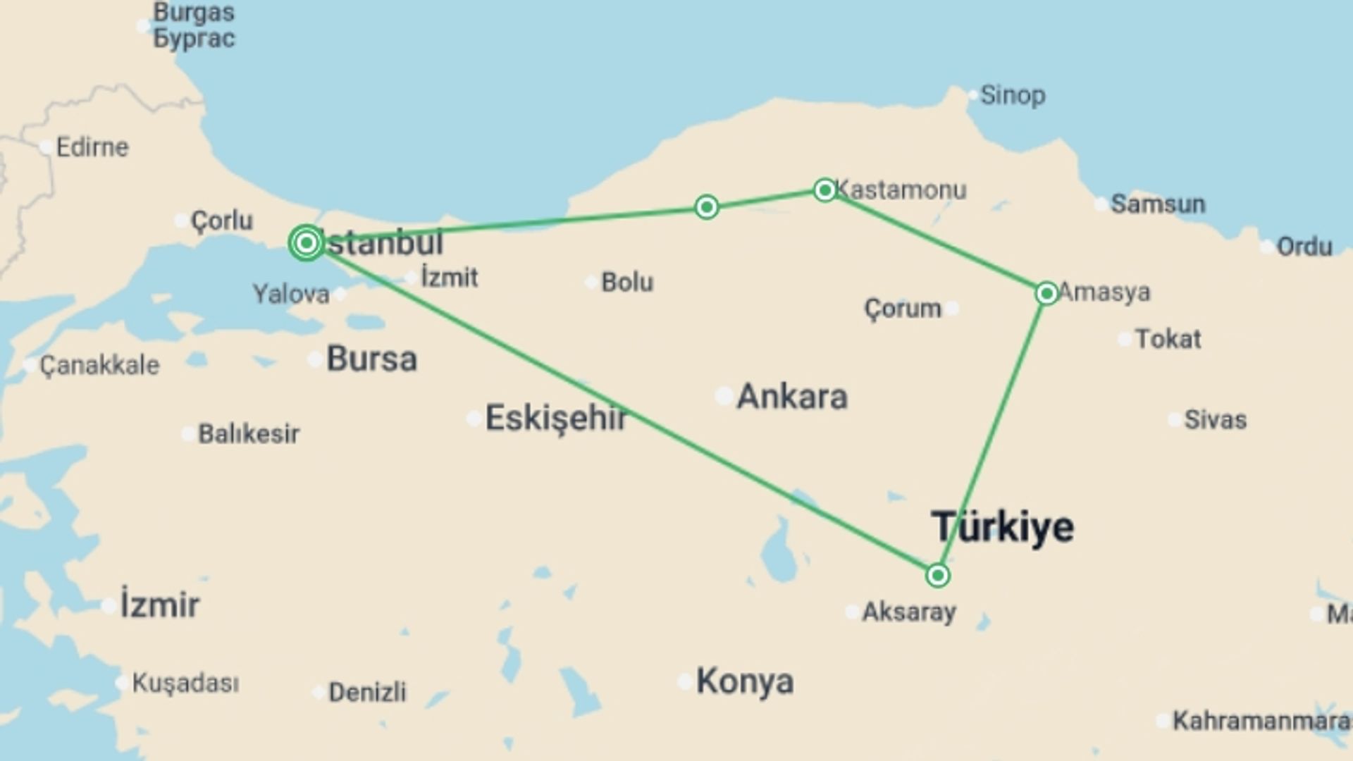 A map showing the tour itinerary for the trip: Pearl of Hattusa and Black Sea, starting in Istanbul, Turkey and ending in Istanbul, Turkey going through 2 other destinations.