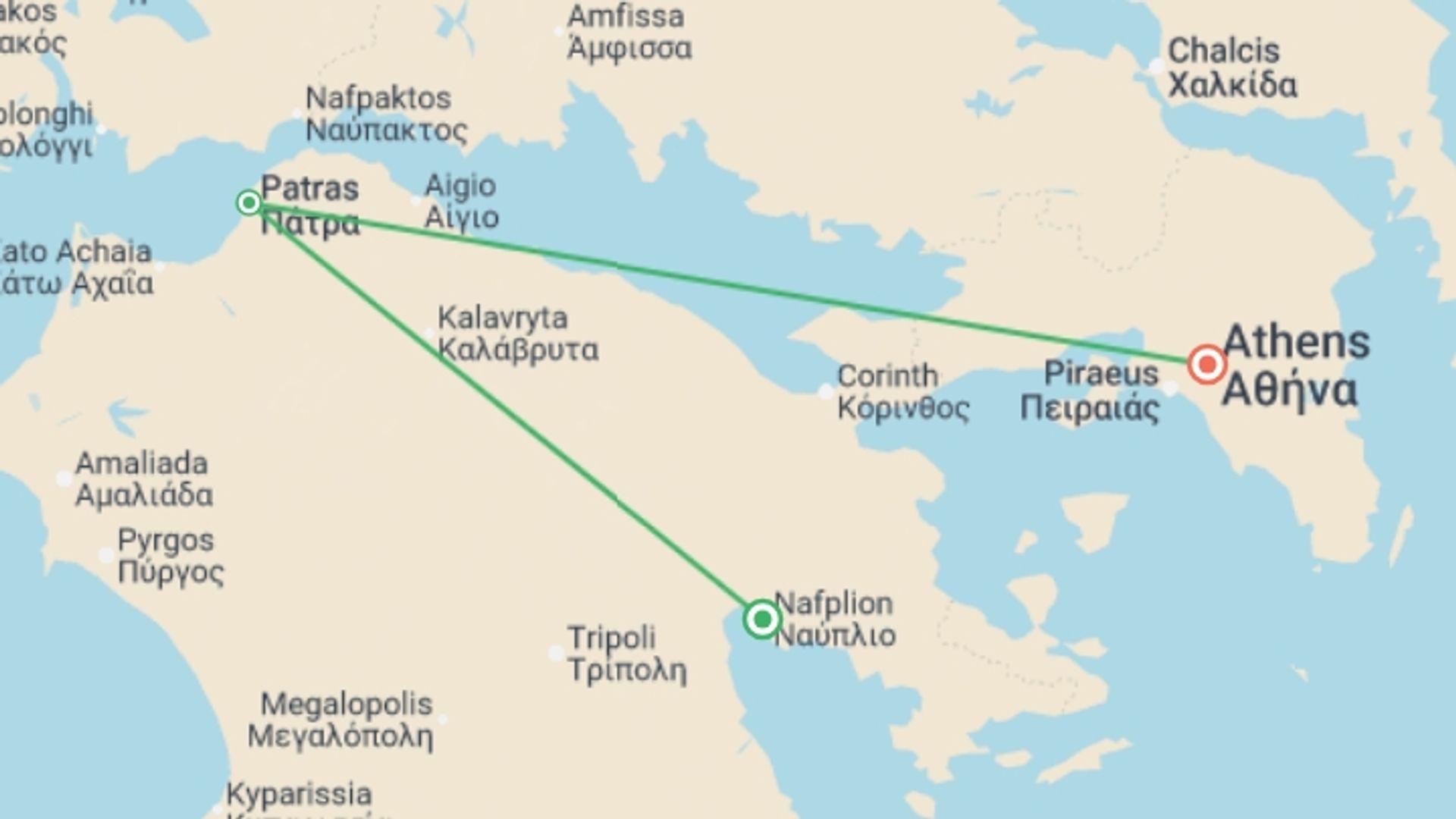 A map showing the tour itinerary for the trip: Peloponnese and Saronic Islands, starting in Athens, Greece and ending in Athens, Greece going through 2 other destinations.