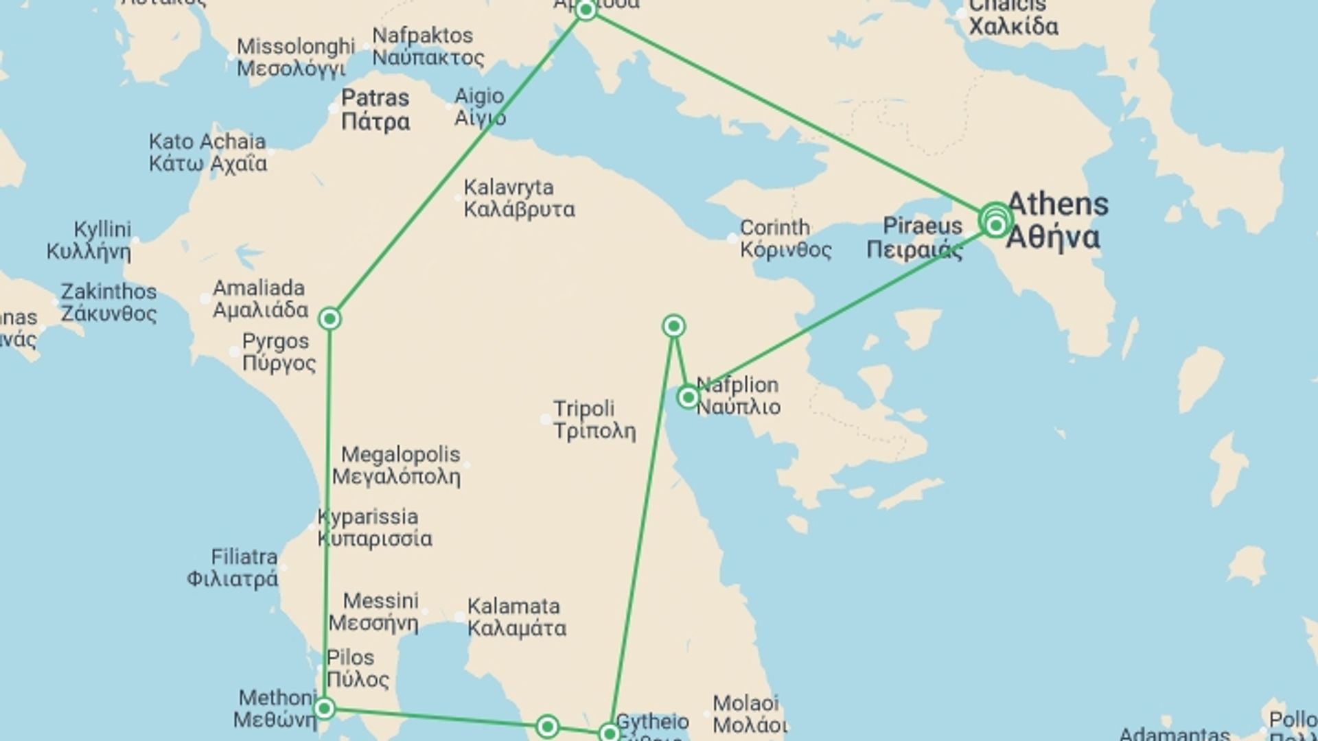 A map showing the tour itinerary for the trip: Peloponnese Explorer, starting in Athens, Greece and ending in Athens, Greece going through 3 other destinations.