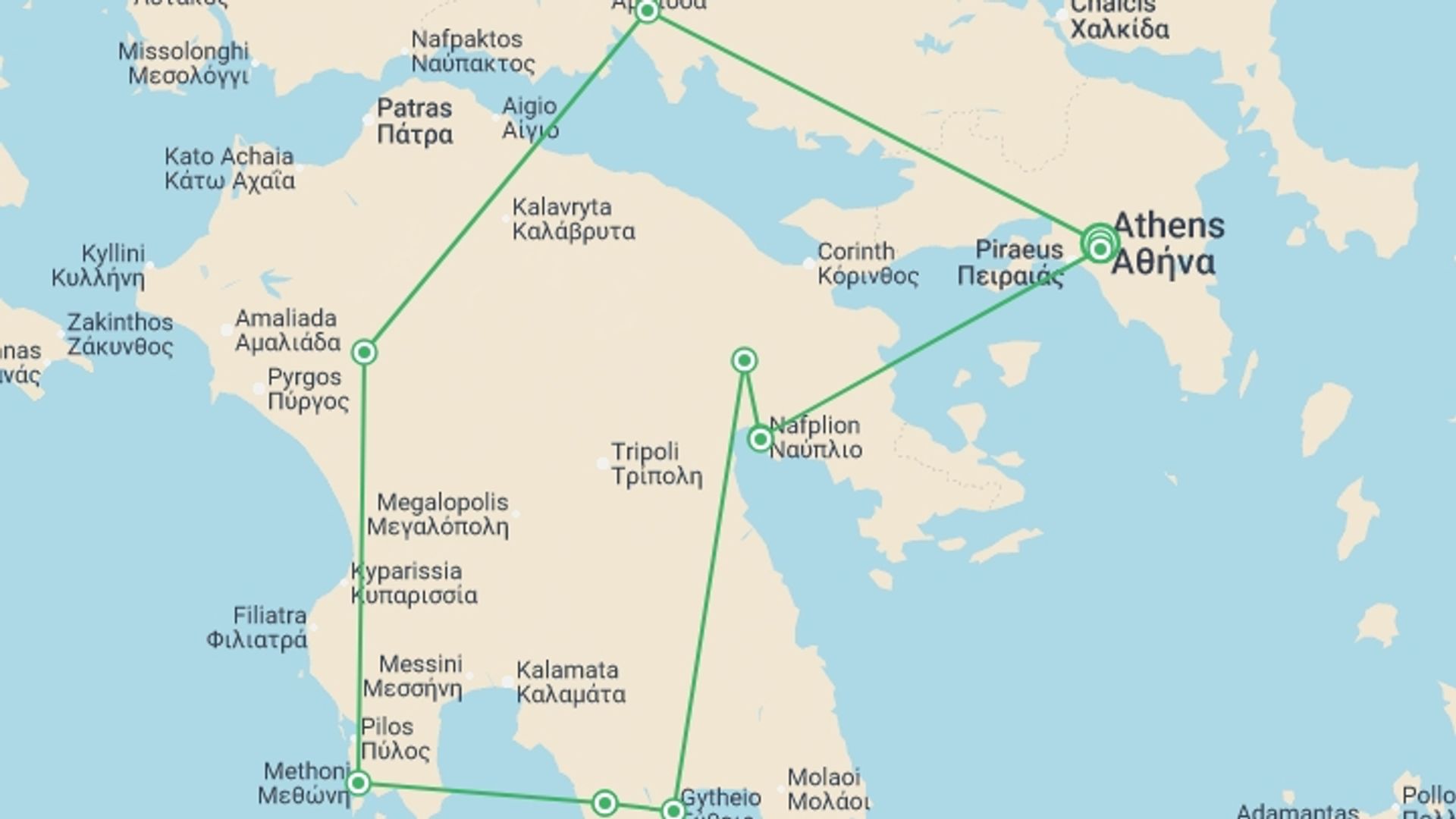 A map showing the tour itinerary for the trip: Peloponnese Explorer, starting in Athens, Greece and ending in Athens, Greece going through 3 other destinations.