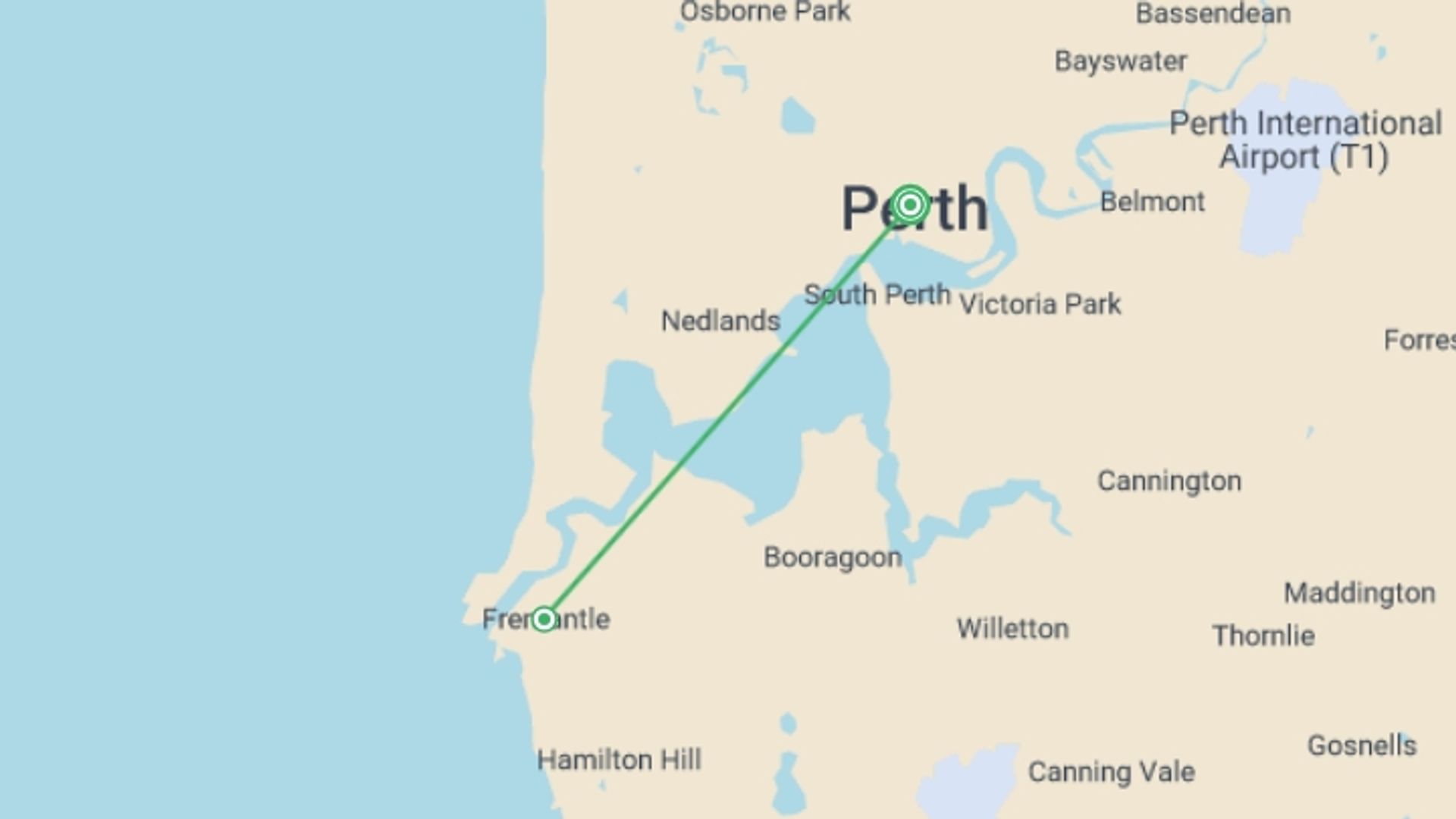 A map showing the tour itinerary for the trip: Perth City Highlights - 5 days, starting in Perth, Australia and ending in Perth, Australia going through 2 other destinations.