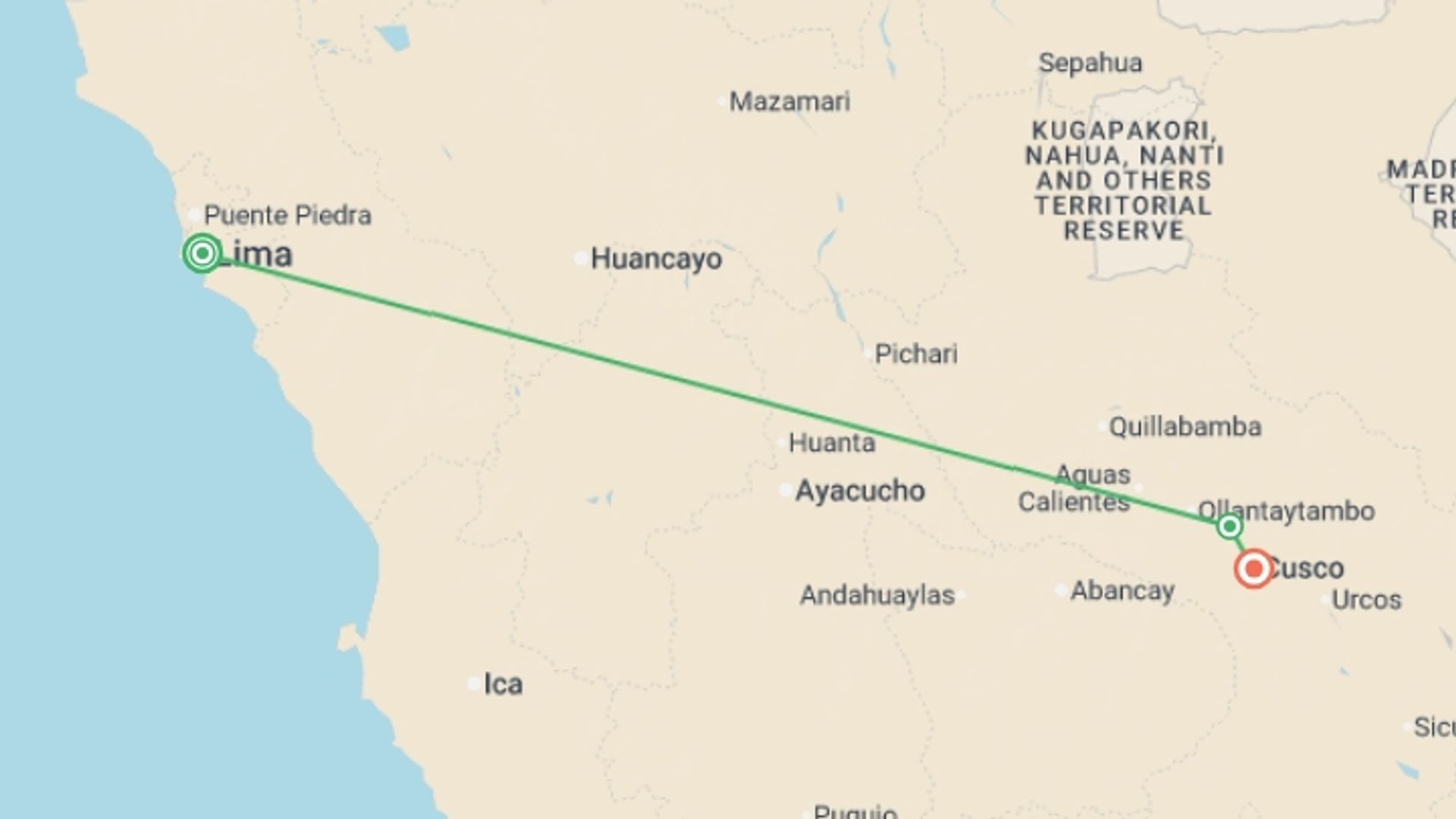 A map showing the tour itinerary for the trip: Peru Explorer, starting in Lima, Peru and ending in Lima, Peru going through 3 other destinations.