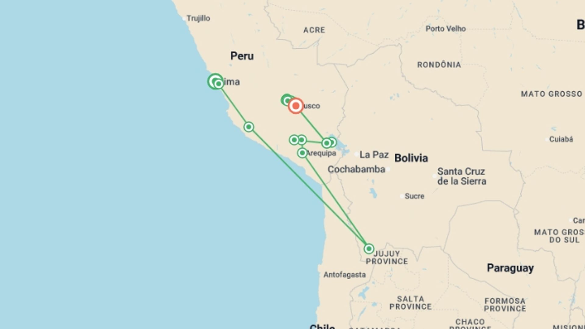 A map showing the tour itinerary for the trip: Peru In Depth and the Inca Trail, starting in Lima, Peru and ending in Cusco, Peru going through 10 other destinations.