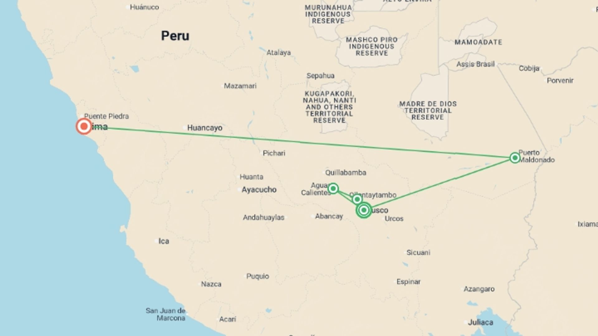 A map showing the tour itinerary for the trip: Peru: Inca Trail & the Amazon, starting in Cusco, Peru and ending in Lima, Peru going through 4 other destinations.