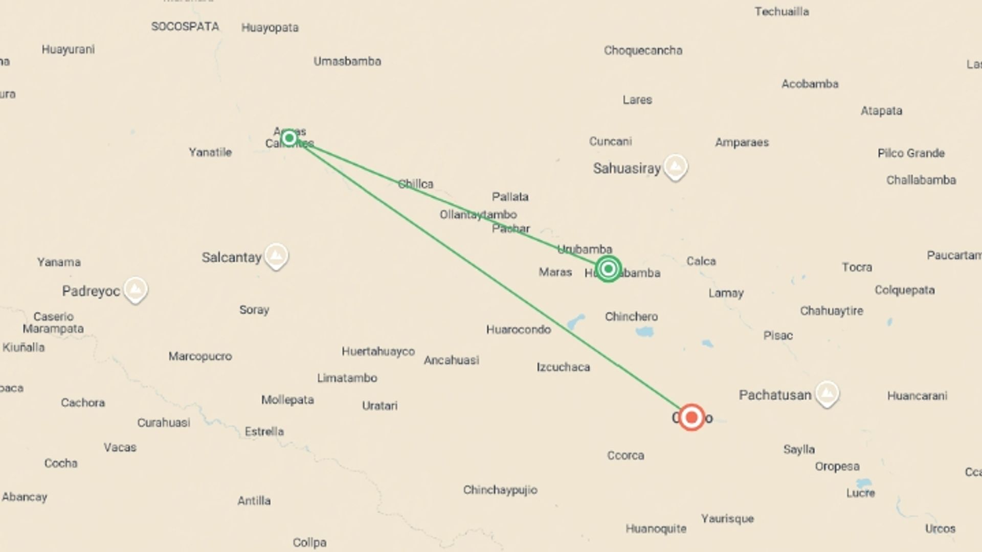 A map showing the tour itinerary for the trip: Peru's Machu Picchu and Beyond - Small Group, starting in Cusco, Peru and ending in Cusco, Peru going through 3 other destinations.