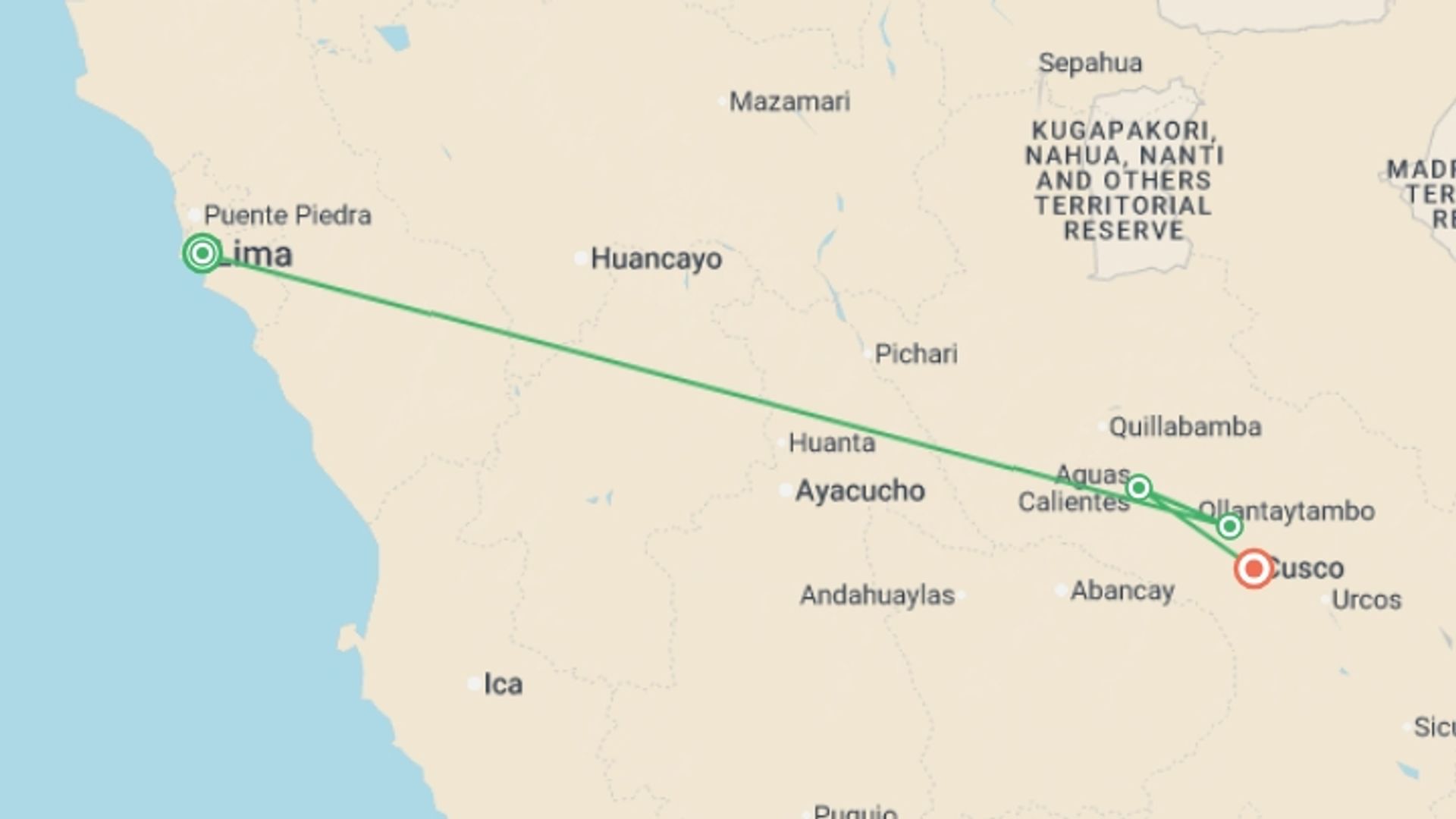 A map showing the tour itinerary for the trip: Peru With Machu Picchu, starting in Lima, Peru and ending in Lima, Peru going through 4 other destinations.