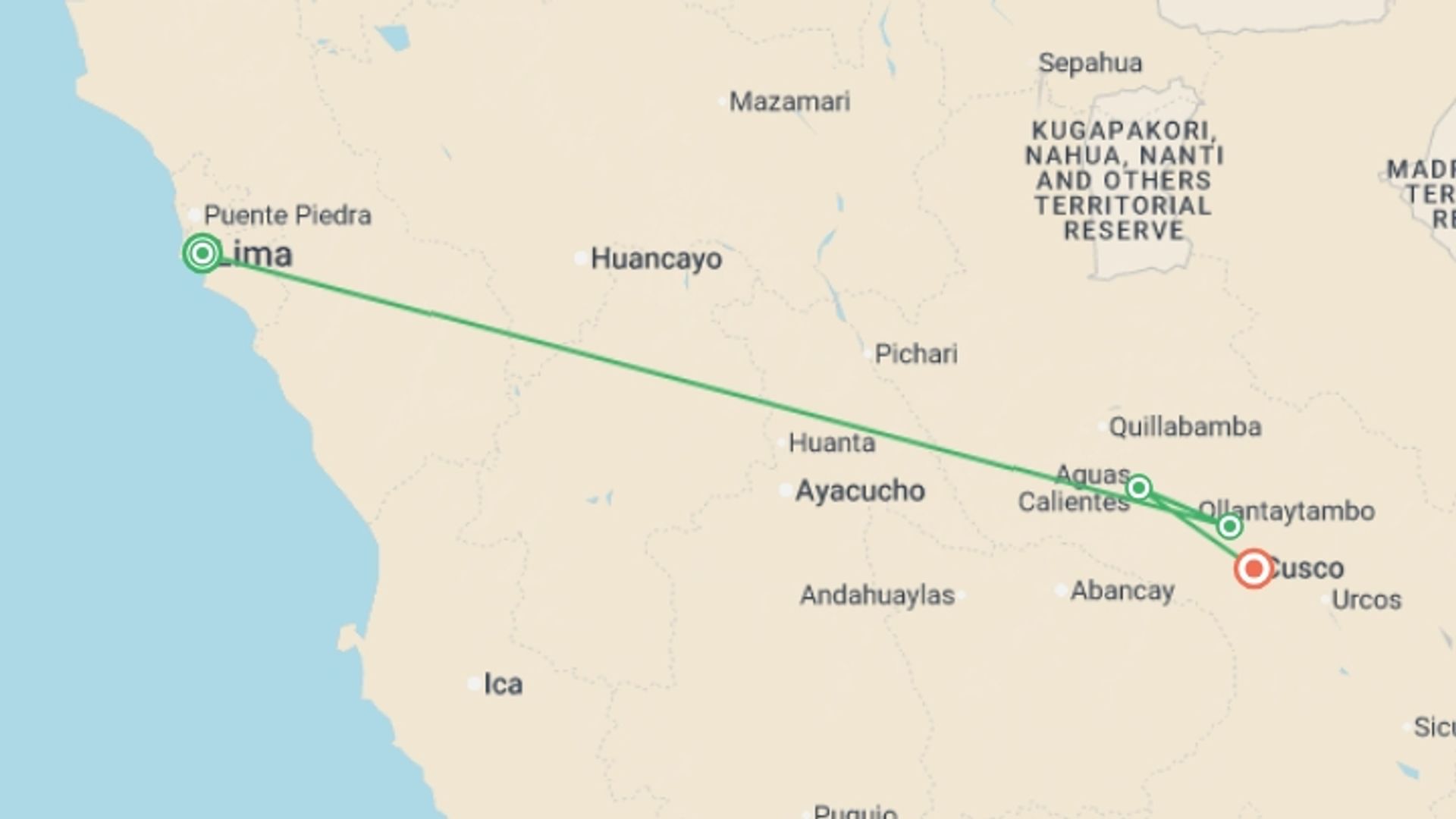 A map showing the tour itinerary for the trip: Peru with Machu Picchu, a Women-Only Tour, starting in Lima, Peru and ending in Cusco, Peru going through 4 other destinations.