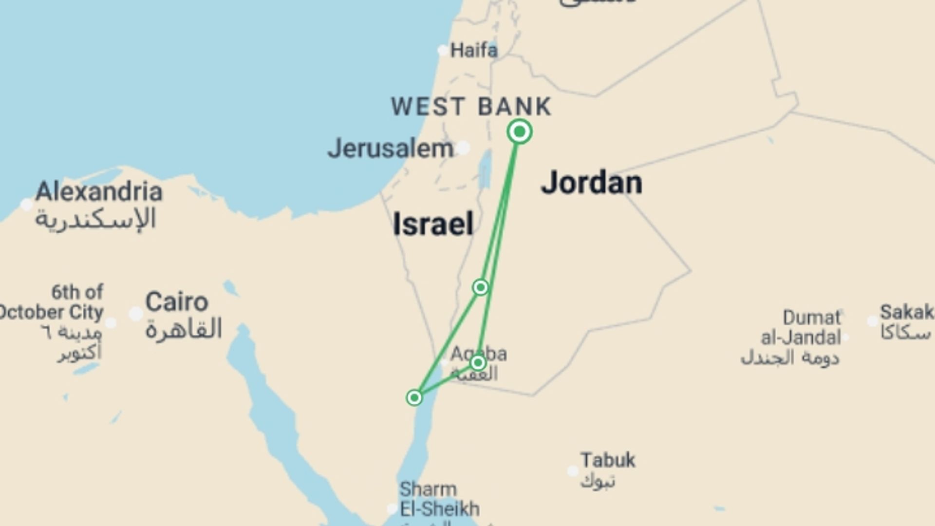 A map showing the tour itinerary for the trip: Petra & Wadi Rum Trek, starting in Amman, Jordan and ending in Amman, Jordan going through 3 other destinations.