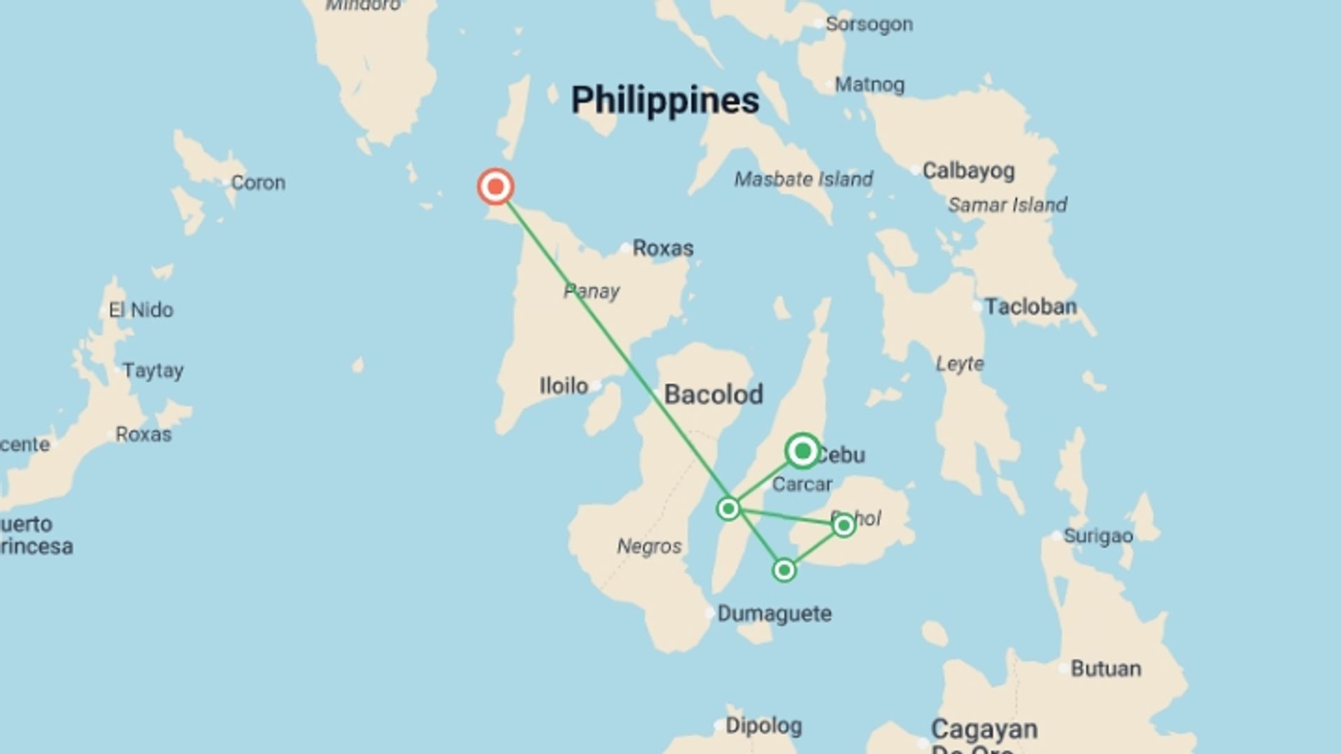 A map showing the tour itinerary for the trip: Philippines Island Hopping East, starting in Cebu, Philippines and ending in Boracay, Philippines going through 5 other destinations.