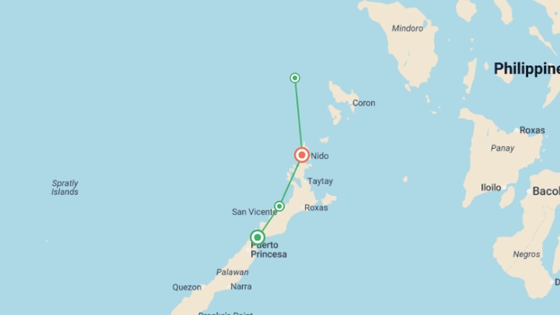 A map showing the tour itinerary for the trip: Philippines Island Hopping West, starting in Manila, Philippines and ending in El Nido, Philippines going through 3 other destinations.
