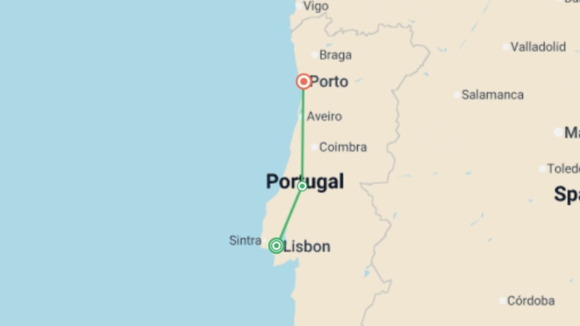 A map showing the tour itinerary for the trip: Picturesque Portugal, starting in Lisbon, Portugal and ending in Porto, Portugal going through 3 other destinations.