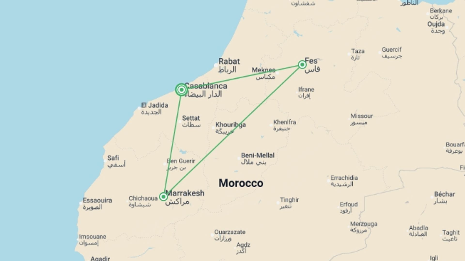 A map showing the tour itinerary for the trip: Picturesque Solo Morocco Tour, starting in Casablanca, Morocco and ending in Casablanca, Morocco going through 4 other destinations.