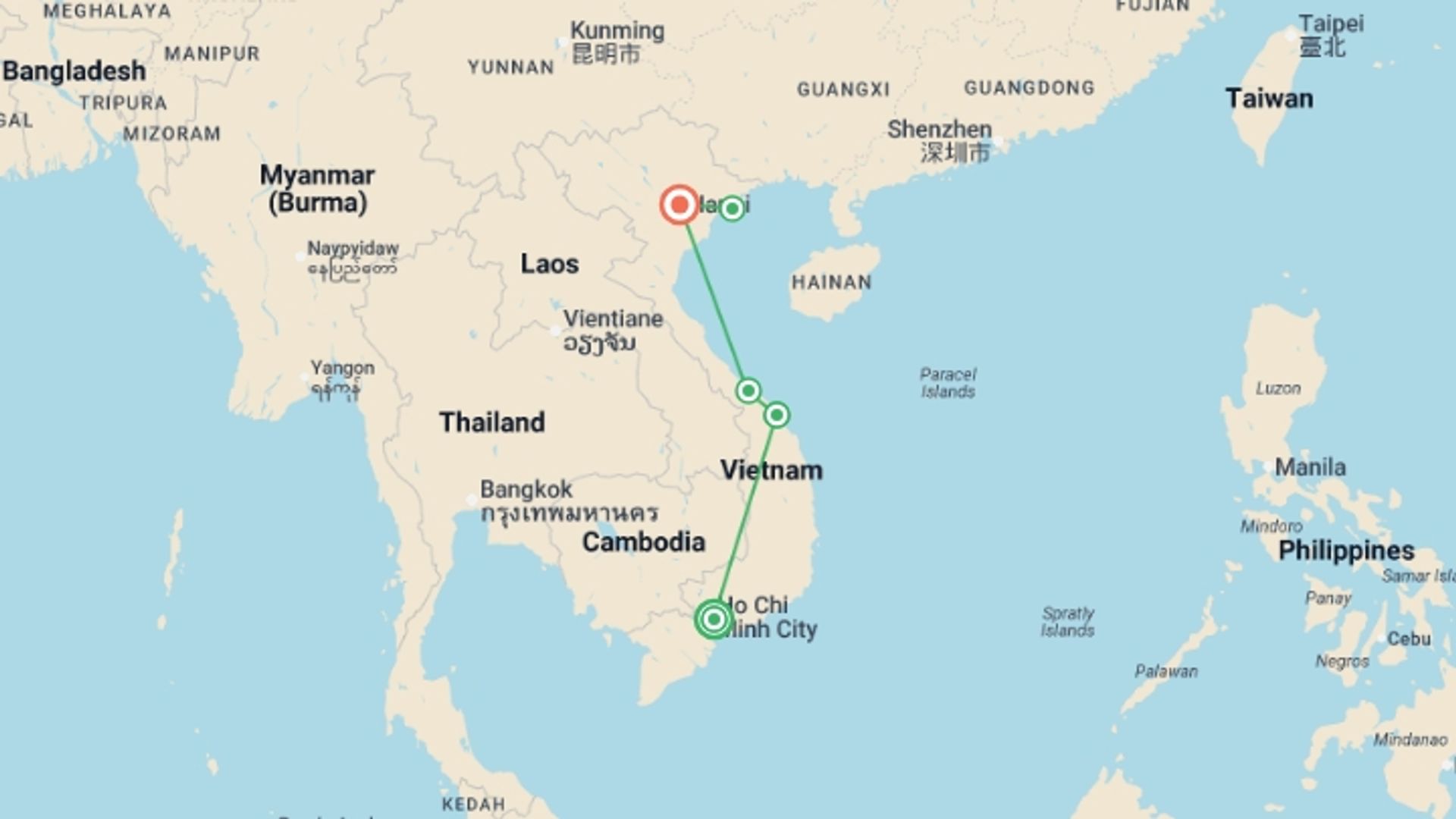 A map showing the tour itinerary for the trip: Picturesque Solo Vietnam Tour, starting in Ho Chi Minh City, Vietnam and ending in Hanoi, Vietnam going through 5 other destinations.