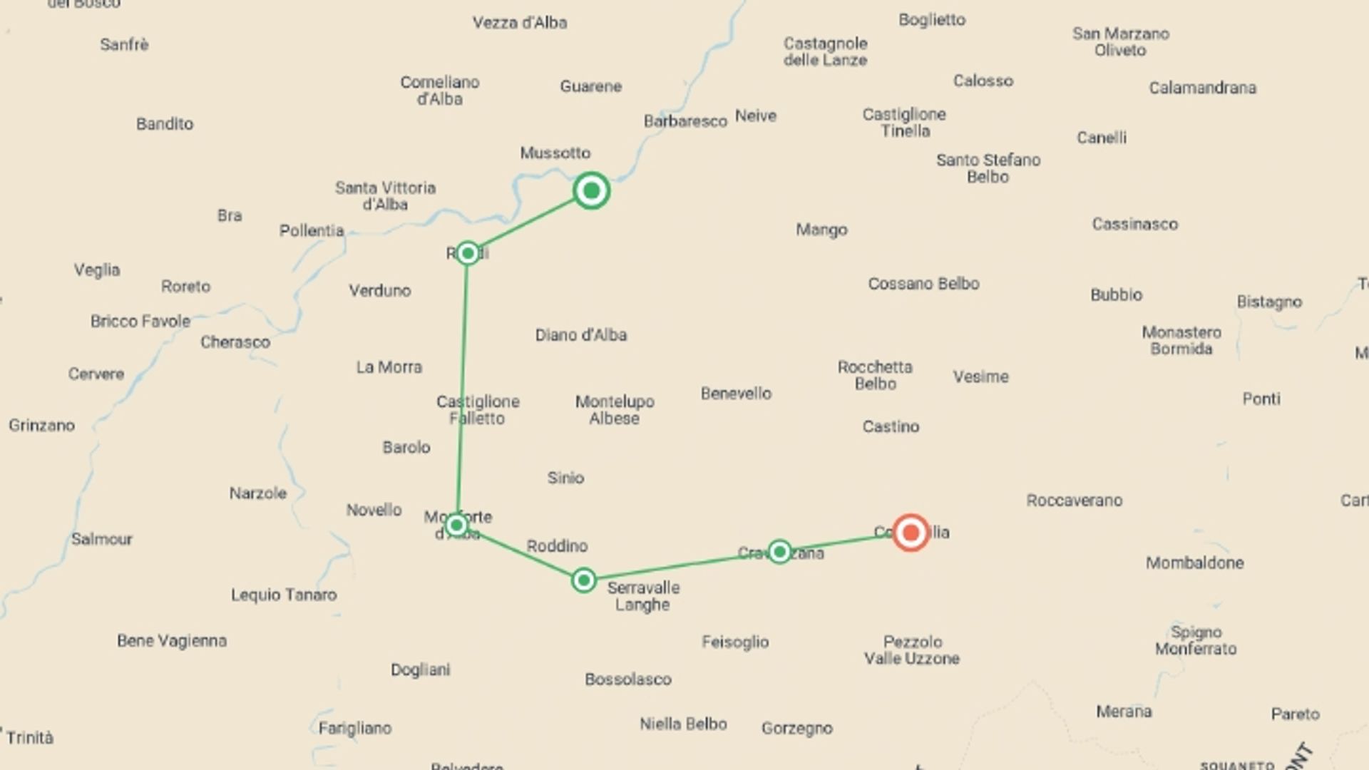 A map showing the tour itinerary for the trip: Piedmont: Land of Barolo and Barbera, starting in Alba, Italy and ending in Cortemilia, Italy going through 3 other destinations.