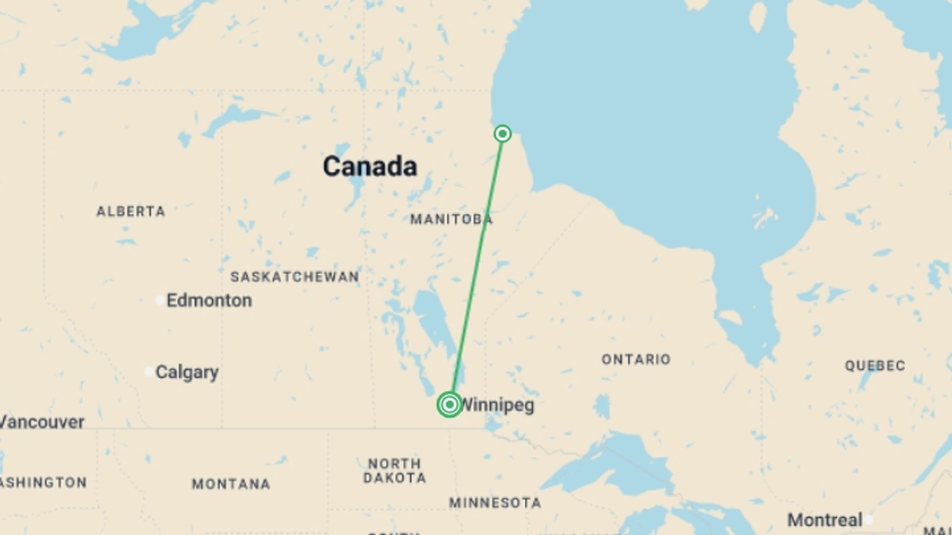 A map showing the tour itinerary for the trip: Polar Bears in Churchill, starting in Winnipeg, Canada and ending in Winnipeg, Canada going through 1 other destinations.
