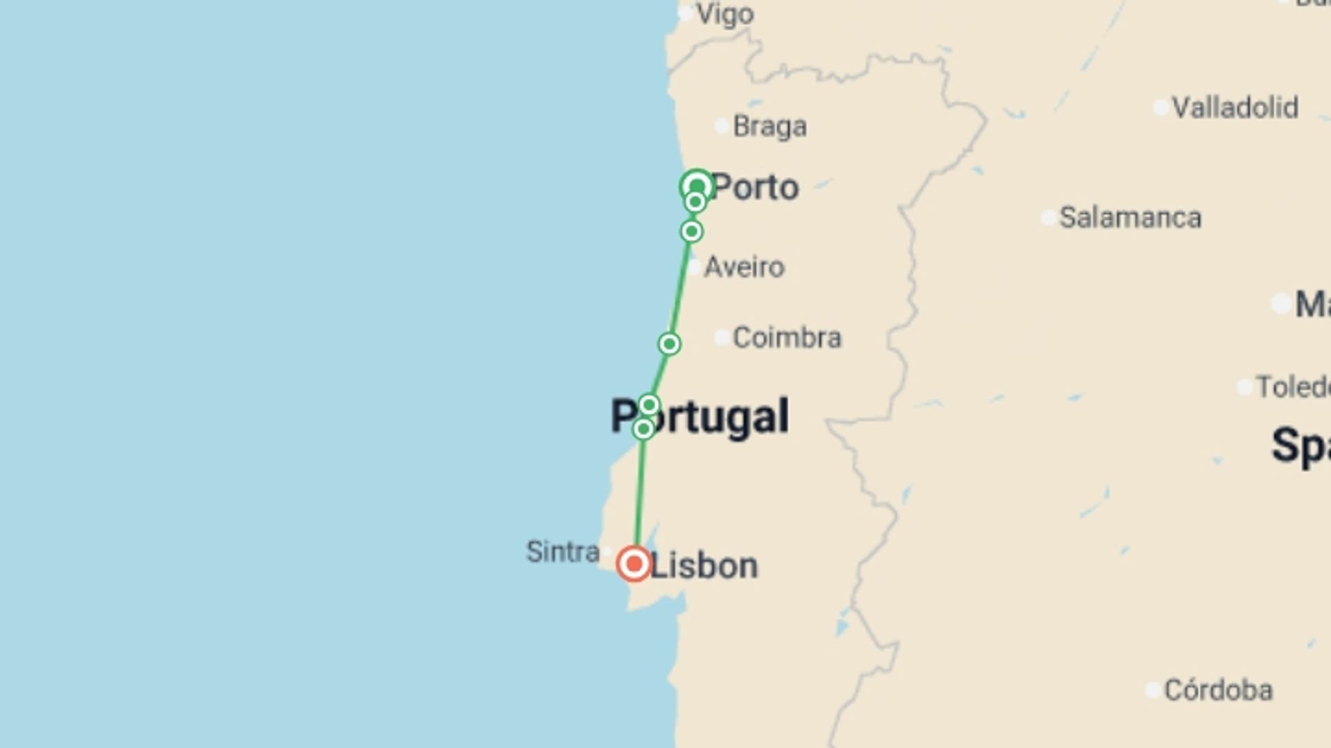 A map showing the tour itinerary for the trip: Porto to Lisbon Atlantic Ride, starting in Porto, Portugal and ending in Lisbon, Portugal going through 3 other destinations.