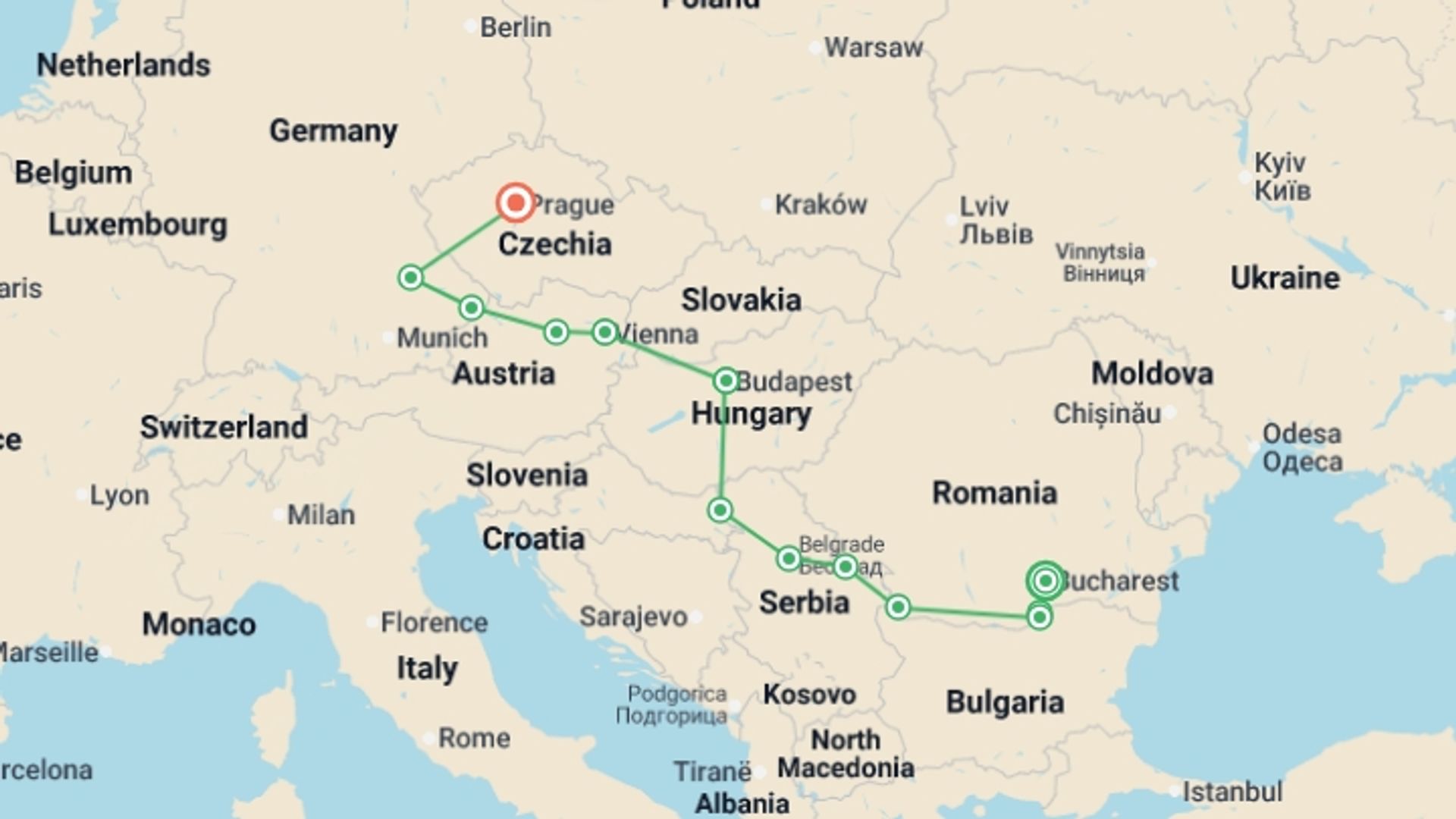 A map showing the tour itinerary for the trip: Portraits of Eastern Europe (2028), starting in Prague, Czech Republic and ending in Bucharest, Romania going through 8 other destinations.