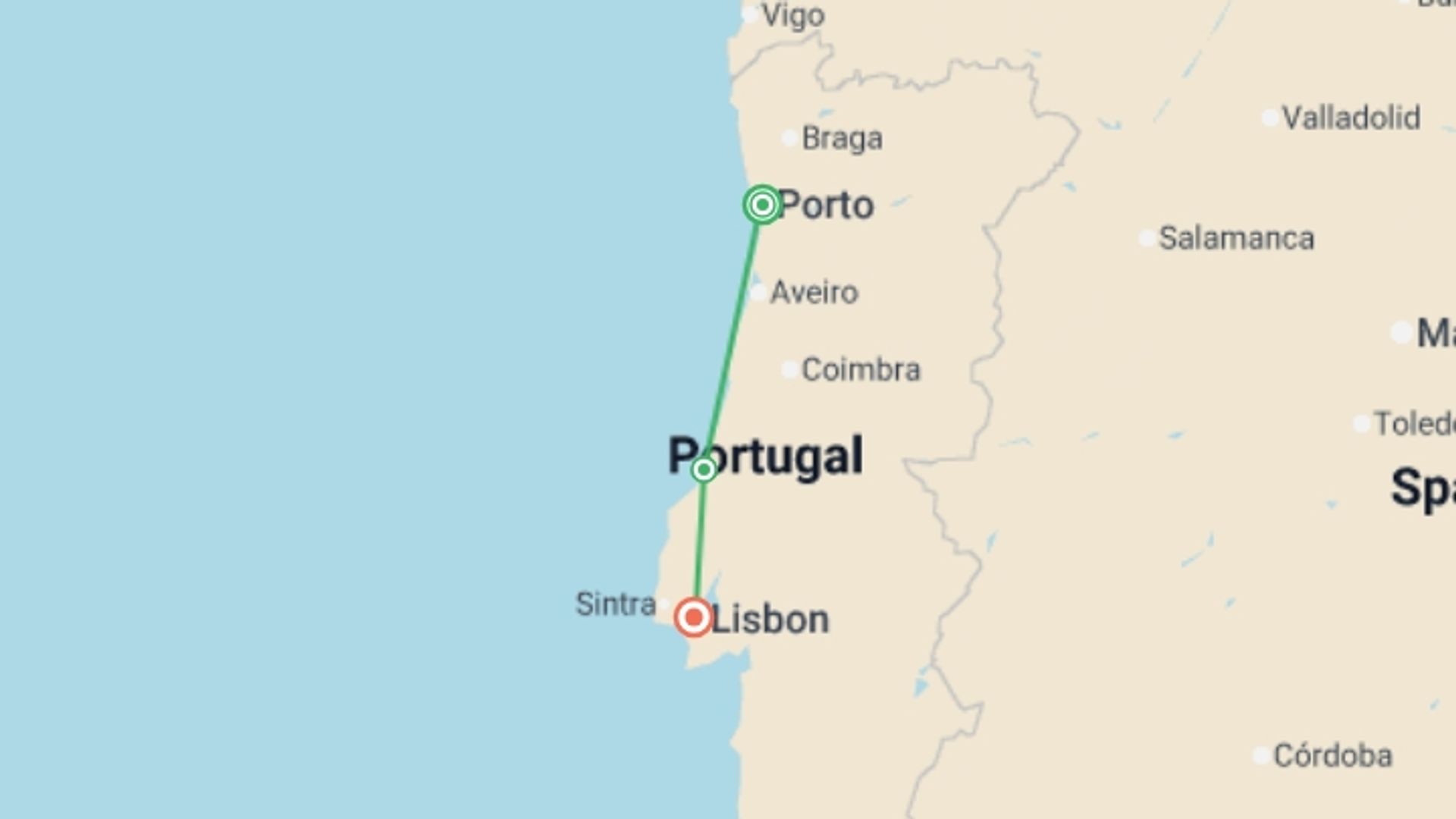 A map showing the tour itinerary for the trip: Portugal Family Journey: Porto, Nazare and Lisbon, starting in Porto, Portugal and ending in Lisbon, Portugal going through 3 other destinations.