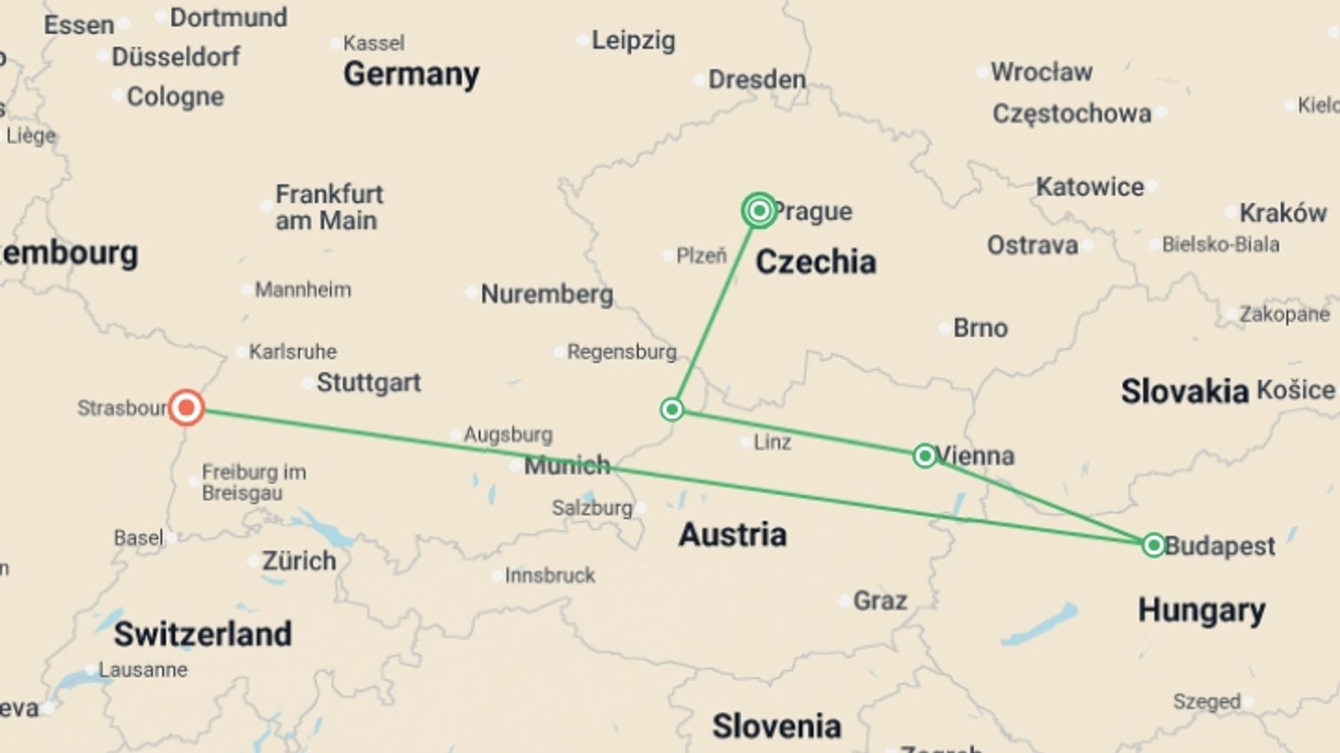 A map showing the tour itinerary for the trip: Prague and the Beautiful Blue Danube, starting in Strasbourg, France and ending in Budapest, Hungary going through 5 other destinations.