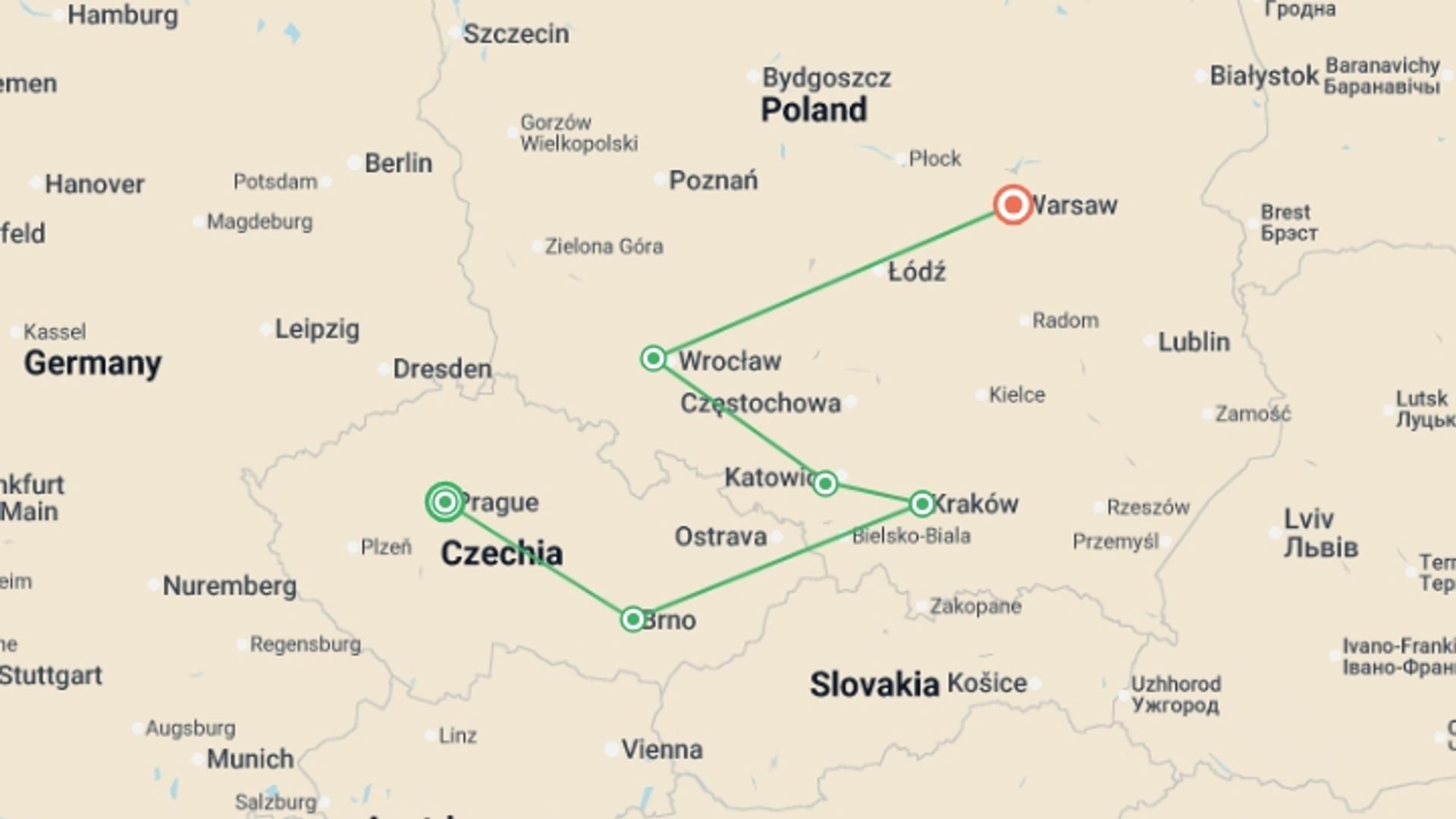 A map showing the tour itinerary for the trip: Prague, Moravia, and Heart of Poland, Ending in Warsaw, starting in Prague, Czech Republic and ending in Warsaw, Poland going through 3 other destinations.
